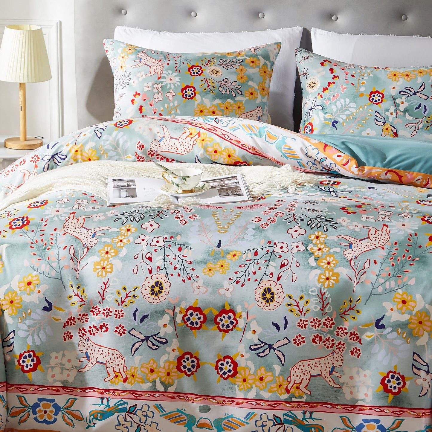 Cupocupa Duvet Cover Twin Size Set Boho Floral Botanical 2 Pieces XL Size Lightweight Duvet Cover Set with Zipper Closure, 4 Ties Reversible Chic Garden Aesthetic Bedding