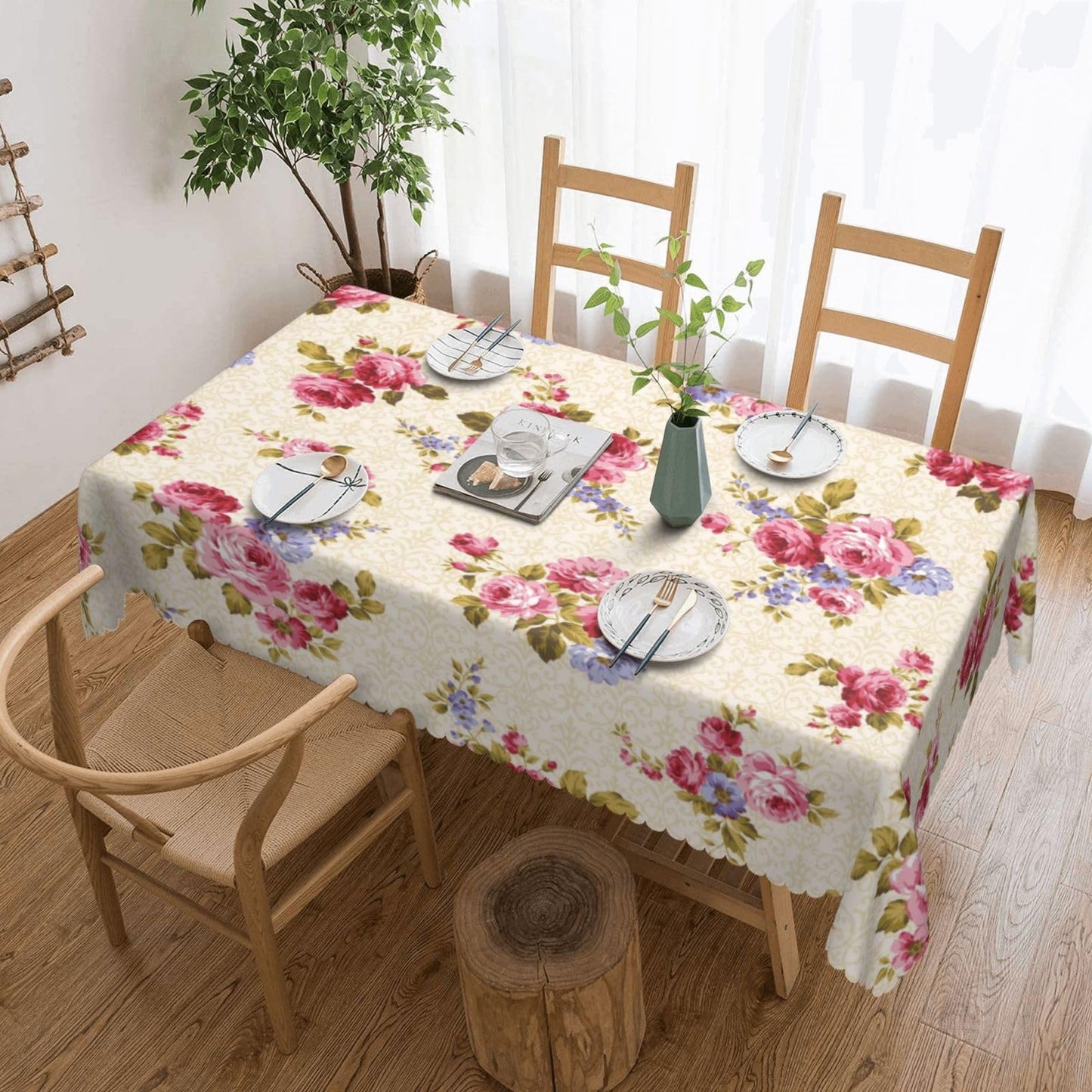 XUNNEECY Rose Pattern Tablecloth 54x72 Inches, Pink Floral Rectangular Polyester Table Cover with Wave Lace, Washable Dining Table Cloth for Kitchen, Party, Outdoor