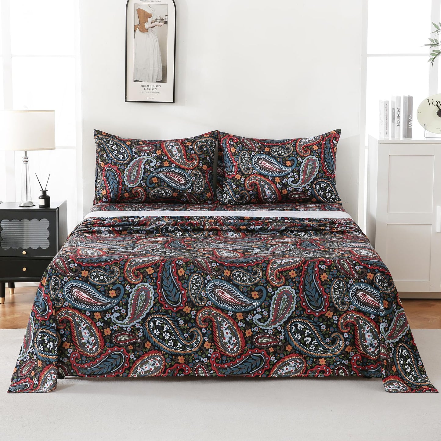 Yibeizi King Size Sheets Set Deep Pocket Black Paisley Bed Sheet Sets, Dark Floral Printed Soft Microfiber Oeko-Tex Hypoallergenic Sheets & Pillowcases Wrinkle Free Bedsheets