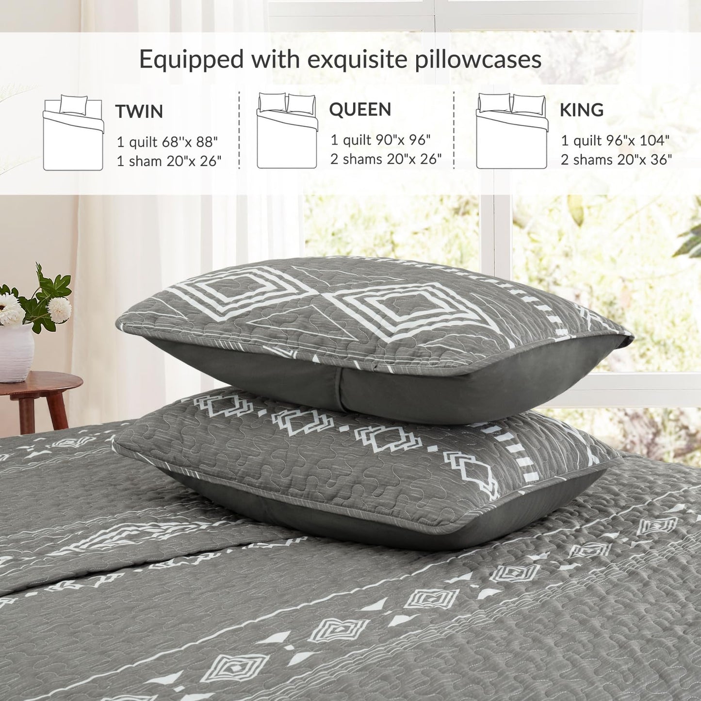 Whale Flotilla Full Queen Size Quilt Set - Reversible Grey Quilts Queen Size with 2 Pillow Shams, Lightweight Boho Striped Bedspreads Coverlet Bedding Set for All Seasons