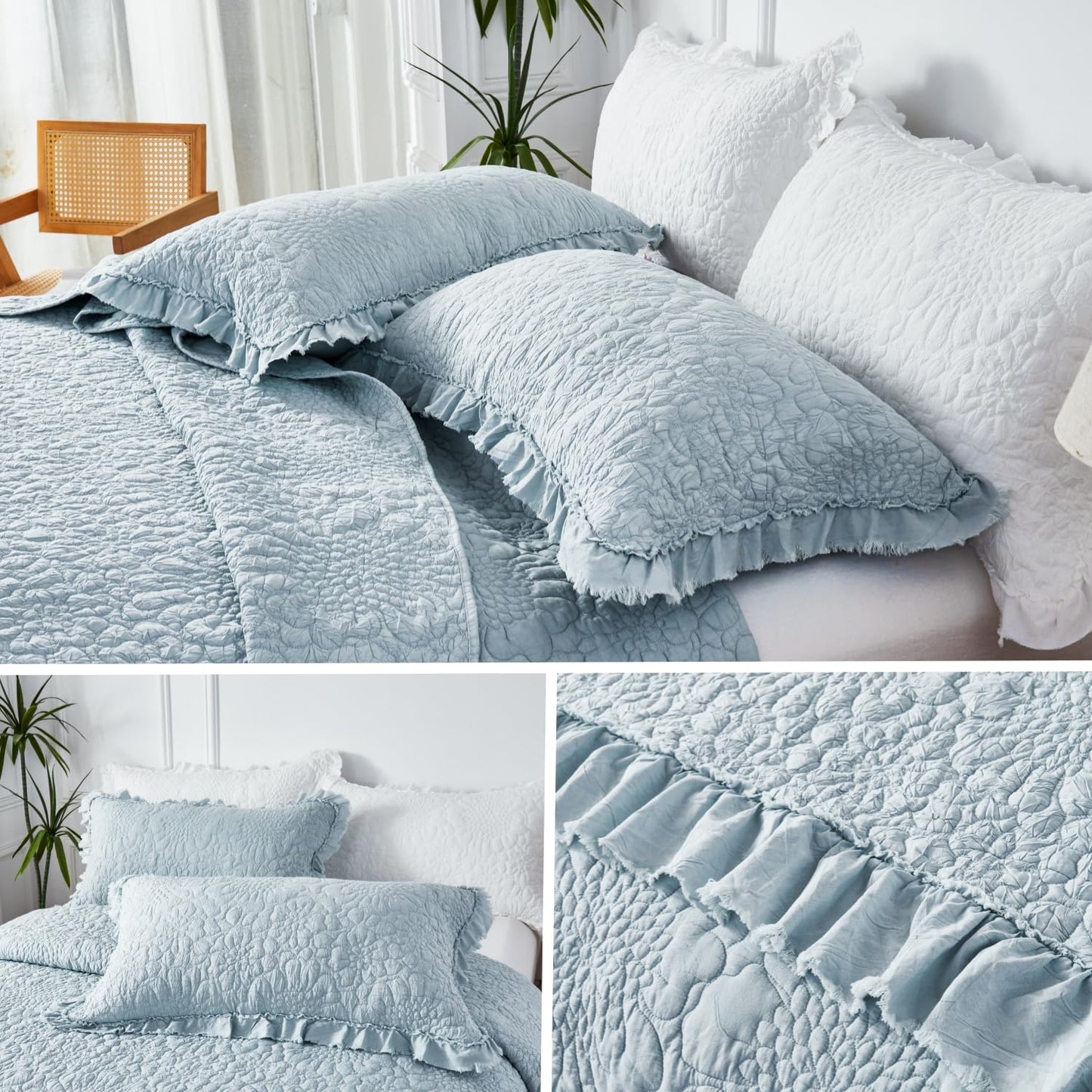 WINLIFE Queen Ruffled Quilt Bedding Set(90''x98''), Soft Stonewashed Bedspread Bedding Dusty Blue Floral Petal Pattern Crinkle Farmhouse Quilted Coverlet & Sets 3PCS for All Season