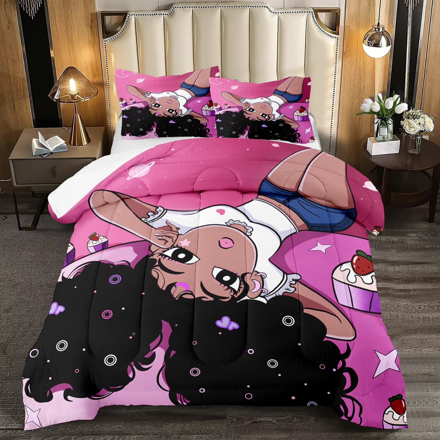 FJKJHKGJ African American Comforter Sets for Girls, Black Girls Kids Comforter Sets 2 Piece Pink Twin Size Bedding with 1 Pillowcase