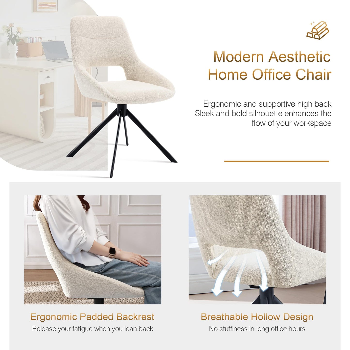 Zesthouse Swivel Desk Chair No Wheels, Modern Linen Fabric Vanity Chair with Hollow Back, Armless Upholstered Home Office Chair for Girls Women, Ergonomic Computer Chair for Home Office, Beige