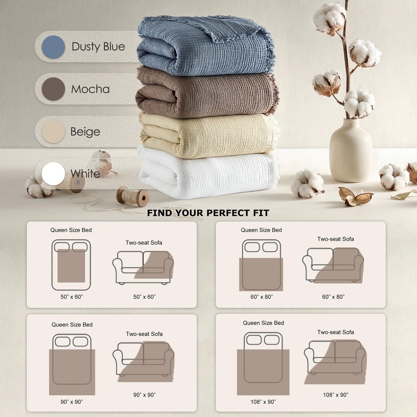 WDCOZY Muslin Throw Blanket 100% Cotton Blankets 4-Layer Breathable Lightweight Soft for Couch Boho Farmhouse Linen Tassels Ruffle Gauze Blankets 50x60 Inches Brown Mocha Chocolate Coffee Taupe