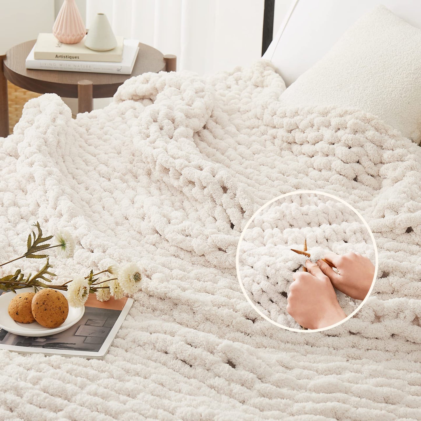 L'AGRATY Chunky Knit Blanket Throw,Soft Chenille Yarn Throw Blanket 50x60，Handmade Cable Knit Crochet Blanket,Large Knit Blankets Chunky Yarn,Rope Knot Throw Blanket for Couch Sofa Bed Home Decor