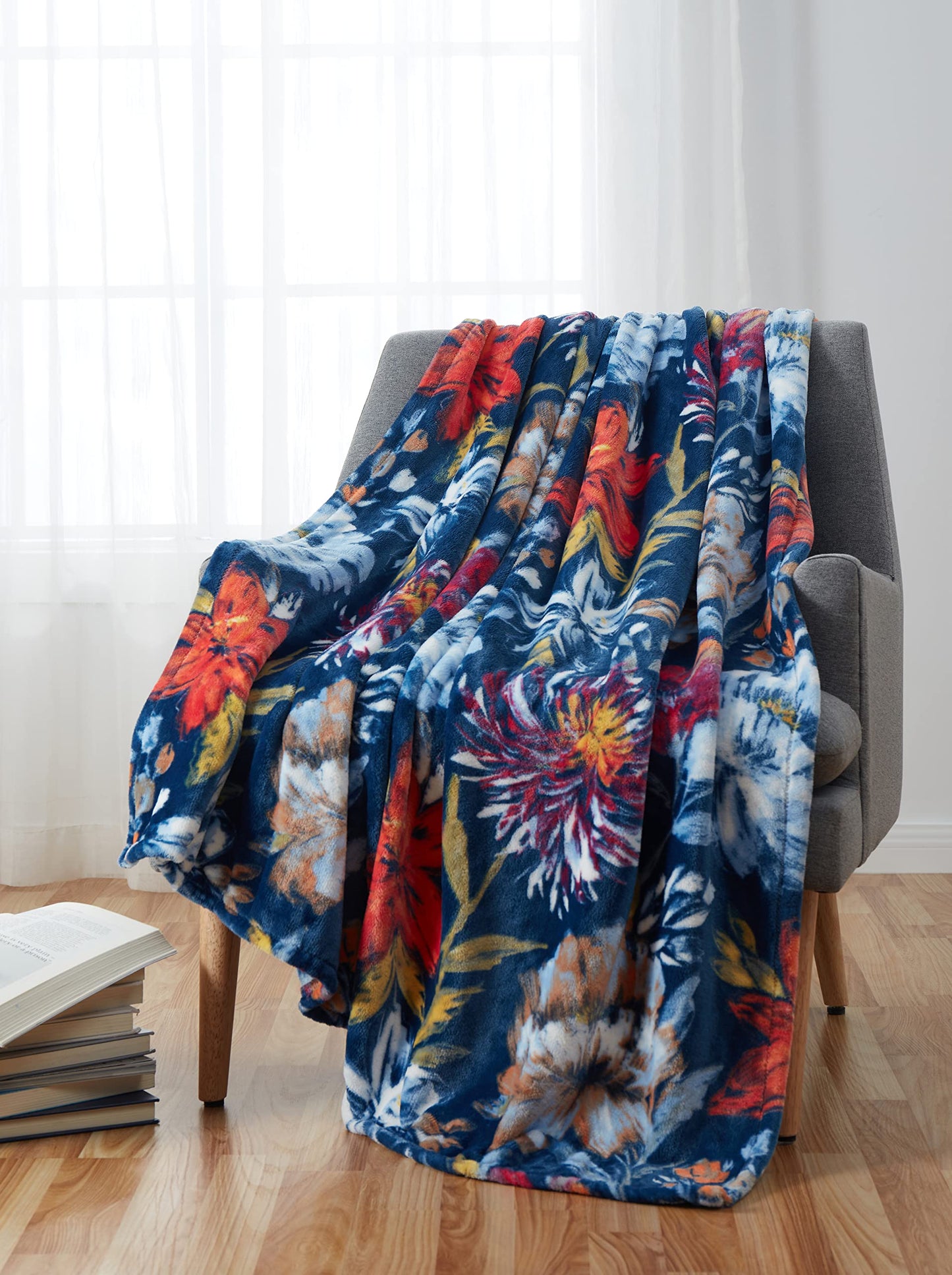 Serafina Home Floral Fleece Throw Blanket: Velvety Soft, Durable Blue Red Coral White Lavender Flower Design Accent for Bed or Couch Blue, Oversized 50 x 70 inches
