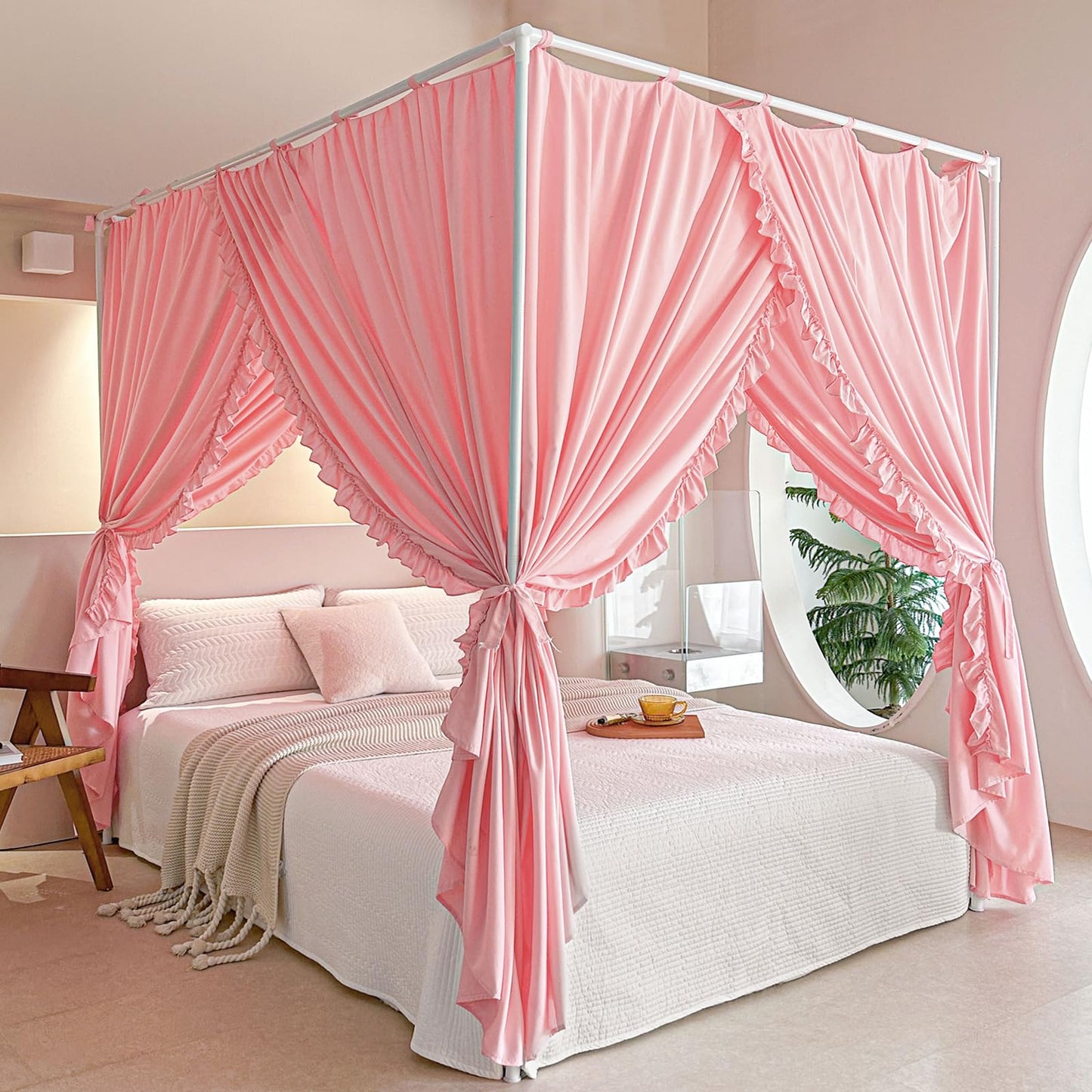 AIKASY Princess Canopy Bed Curtains with Top Ties - Windproof & Lightproof for Girls' Adult Bedroom Decor | Bed Canopy Drapes (King,Pink)
