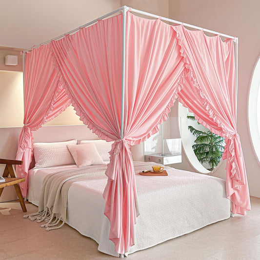 AIKASY Princess Canopy Bed Curtains with Top Ties - Windproof & Lightproof for Girls' Adult Bedroom Decor | Bed Canopy Drapes (Full,Pink)