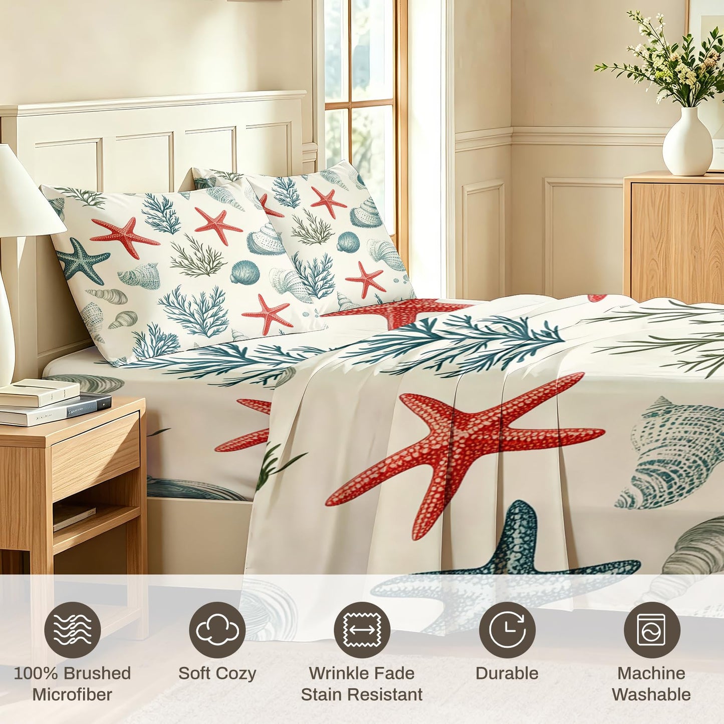 Coastal Queen Sheet Set 4 Pcs Marine Life Bed Sheets