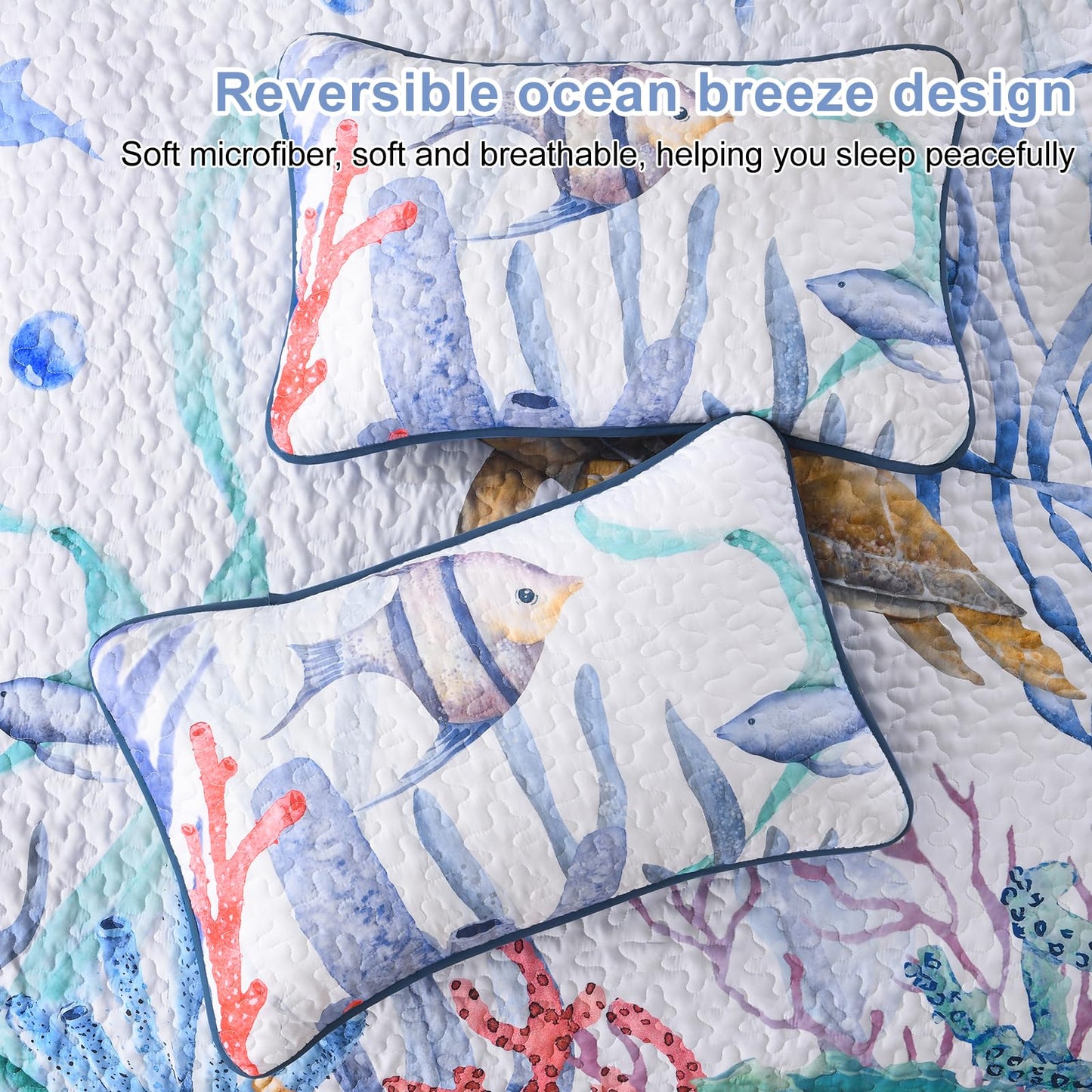 DJY King Quilt Bedding Set Size - 3 Pcs All Season Coastal Beach Ocean Lightweight Reversible Microfiber Coverlet Quilt Bedspread Queen Size Bedding with 1 Quilt, 2 Pillow Shams