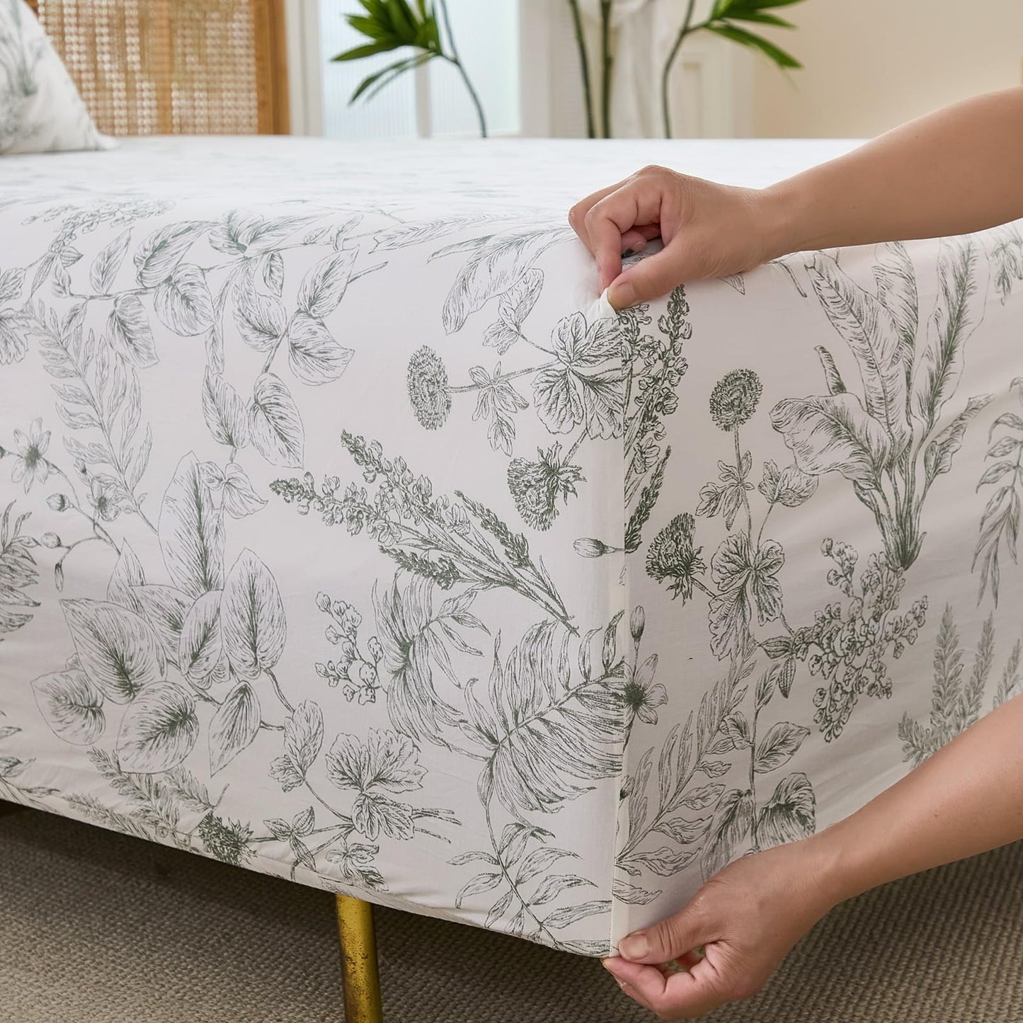Cozaline 100% Cotton Sheet Set Queen Size – 4-Piece Chic Garden Floral Bedding Set, Soft Breathable Percale Weave, Deep Pocket Fitted Sheet 17.5", Crisp Cool Feel, Refined Botanical Elegance