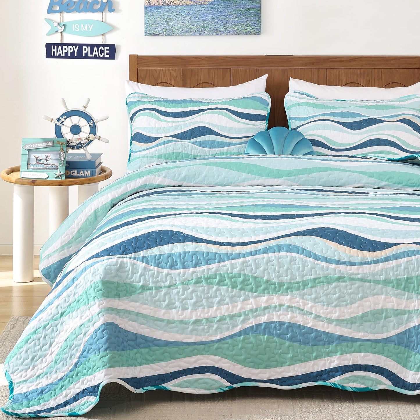 DJY Green Seawaves Ocean Quilt Set King Coastal Beach Theme Quilt Coverlet Soft Microfiber Reversible Bedspread with 2 Pillow Shams 3 Pieces Nautical Stripe Bedding Quilt for All Season 104"x90"