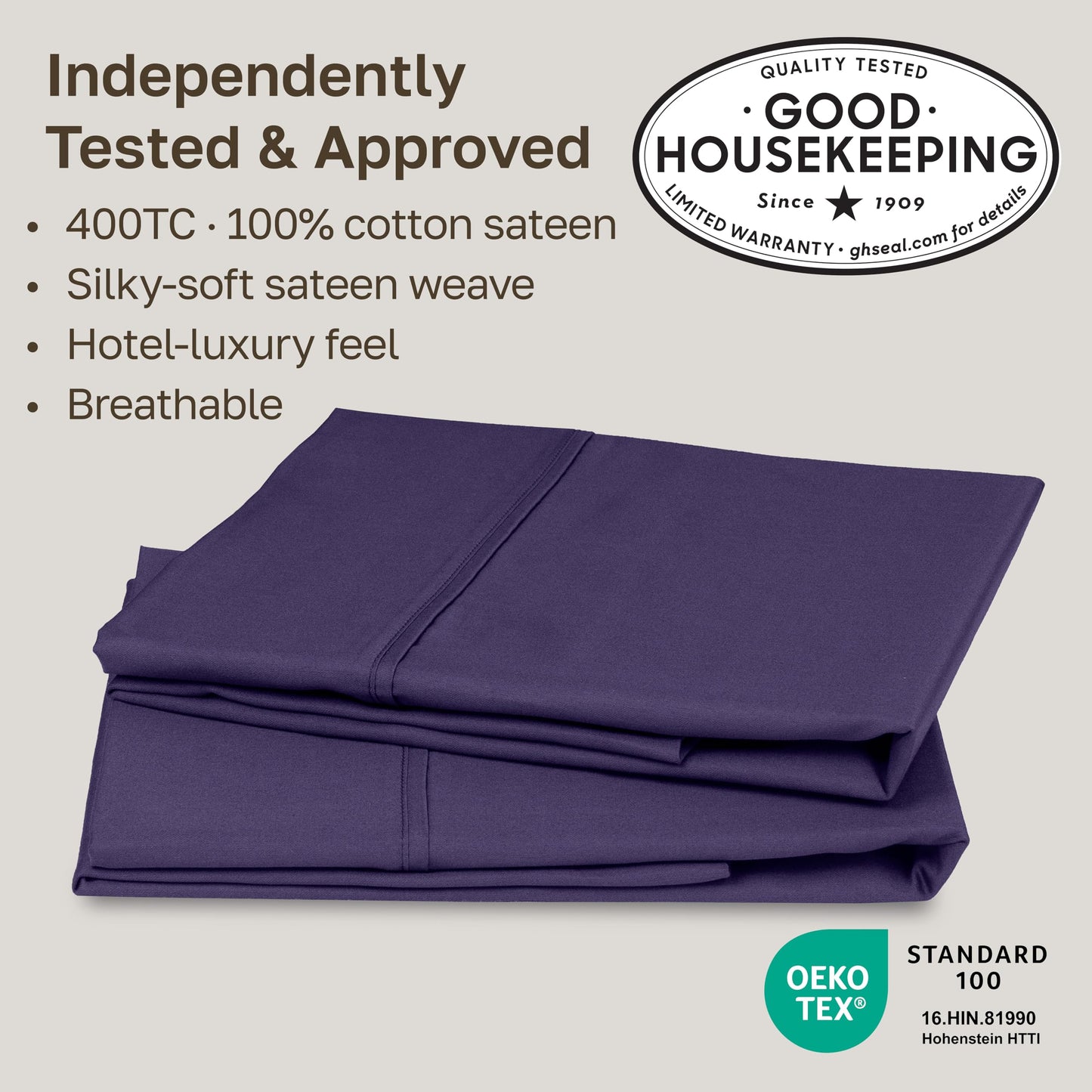 California Design Den Standard Queen Size Pillowcase Set - 400 Thread Count, 100% Cotton Sateen, Set of 2 Pillow Covers, Soft and Breathable - Dark Purple