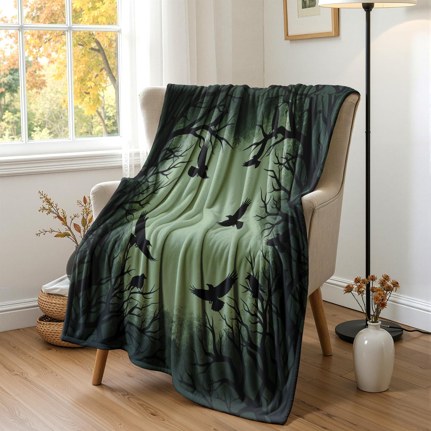 GEDAEUBA Gothic Crow Blanket - Halloween Raven Dead Tree Fleece Blanket Twin XL, Soft Cozy Blankets & Throws for Couch, Bed, and Sofa, 66x90 inches