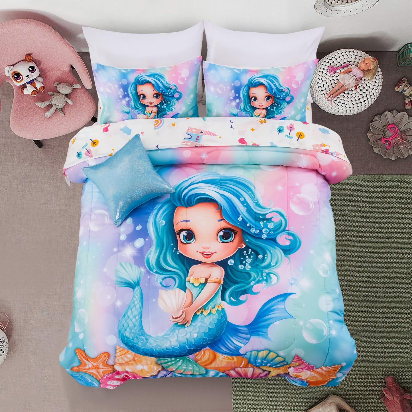 A Nice Night Mermaid Comforter Set Twin 6-Piece Bedding for Girls 3-15 Years, Soft Polyester All-Season Bed in a Bag, Princess Theme Twin Bed Quilt