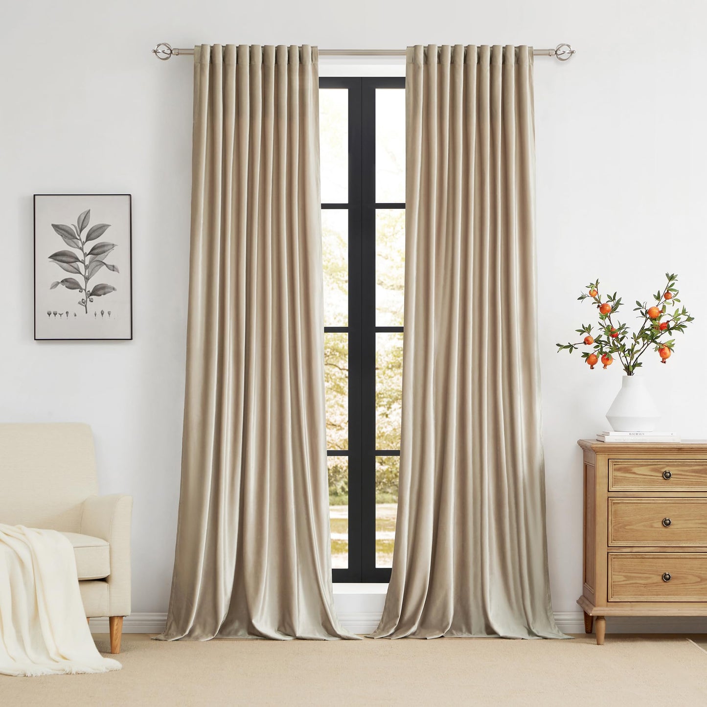 PRIMROSE Champagne Polyester Velvet Curtains 96 inch Long for Living Room,Set of 2 Panels Blackout Rod Pocket Back Tab Window Treatment Room Darkening Heavy Decorative Curtains Drapes for Bedroom