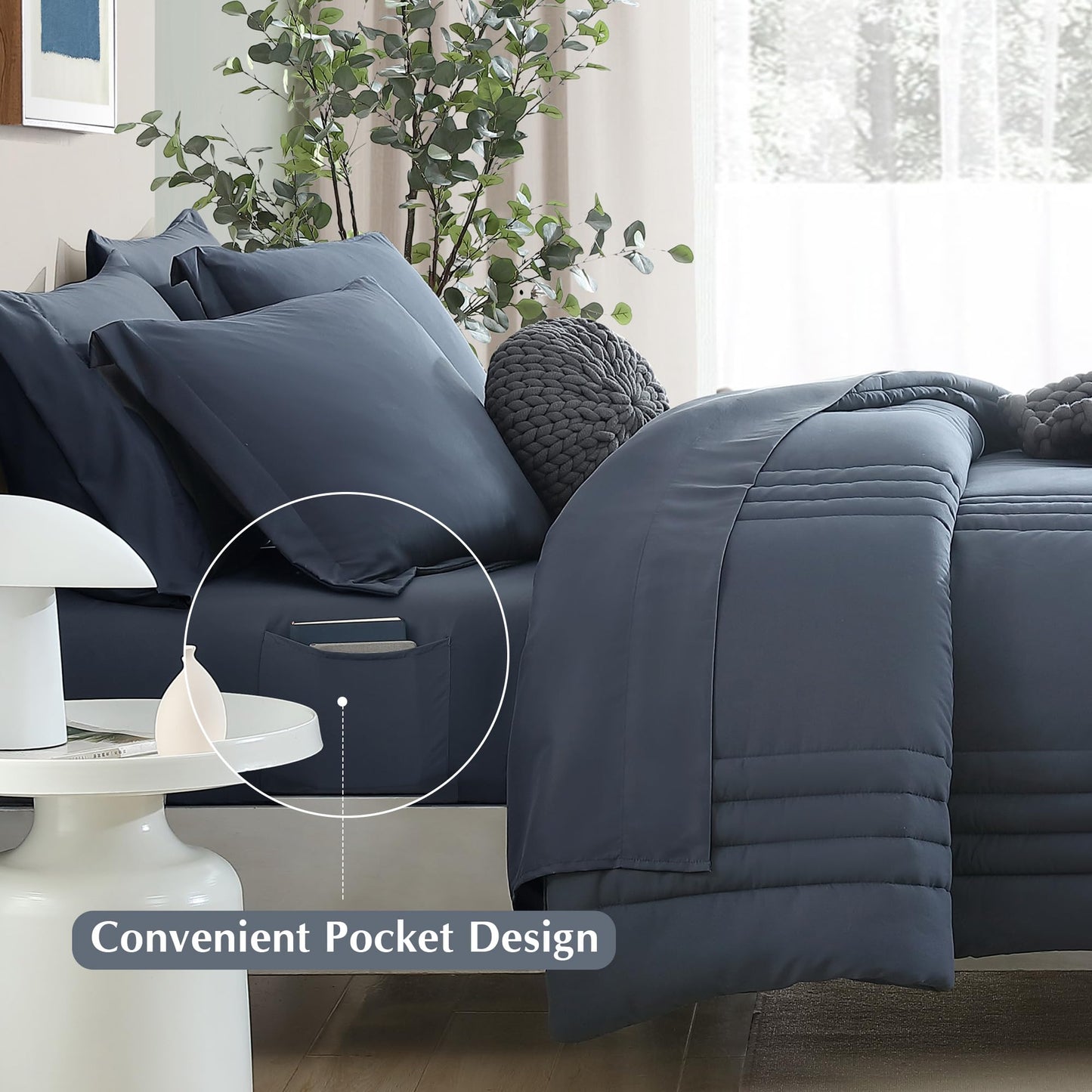 Monbix Queen Comforter Set - 7 Pieces Blue Gray Bed in a Bag Queen Bedding Sets with Comforters, All Seasons Comforter Bed Set with Sheets,Pillowcases & Shams