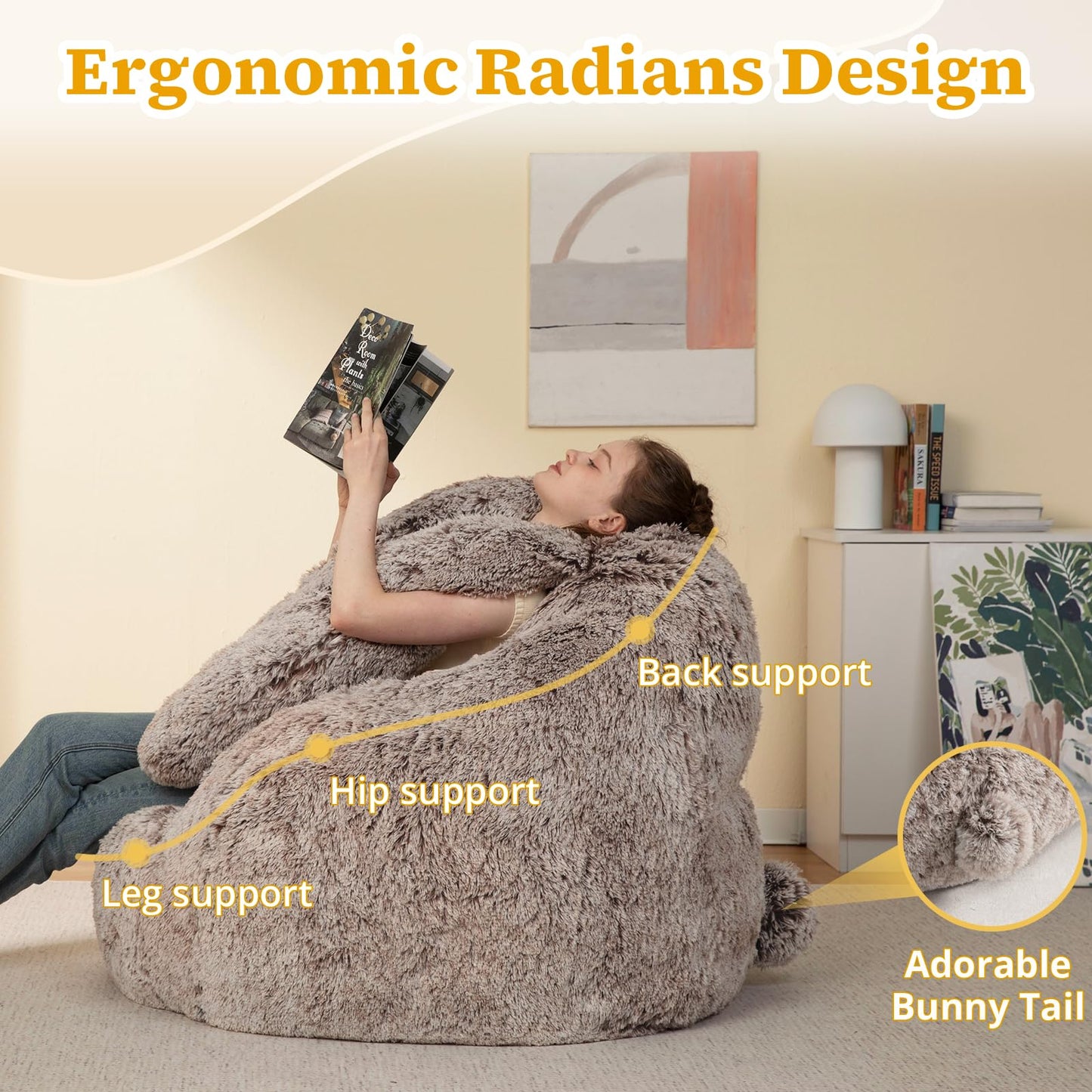 Achicsofar Bean Bag Chair for Adults Teens Giant Fluffy Plush Bean Bag Sofa with Filler Faux Fur Rabbit Shaped Beanbag Chairs Comfy Accent Floor Couch for Gaming, Reading in Bedroom, Living Room, Dorm