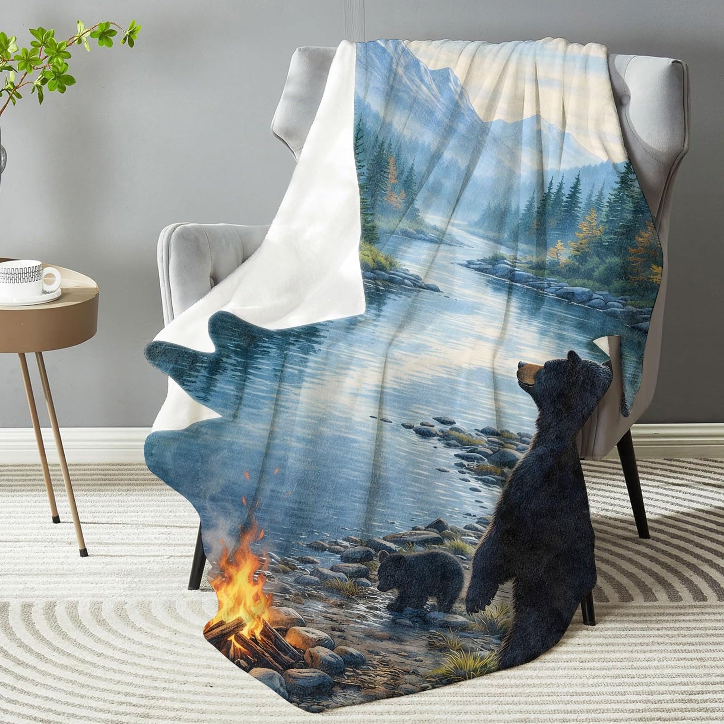 dhakalrlde Bear Family River Blanket, Soft Wildlife Forest Campfire Scene Throw Mountain Nature Blanket Gifts for Women Kids, Lightweight Warm Cozy 60×50 inch Flannel for Couch, Travel, Bed, Decor