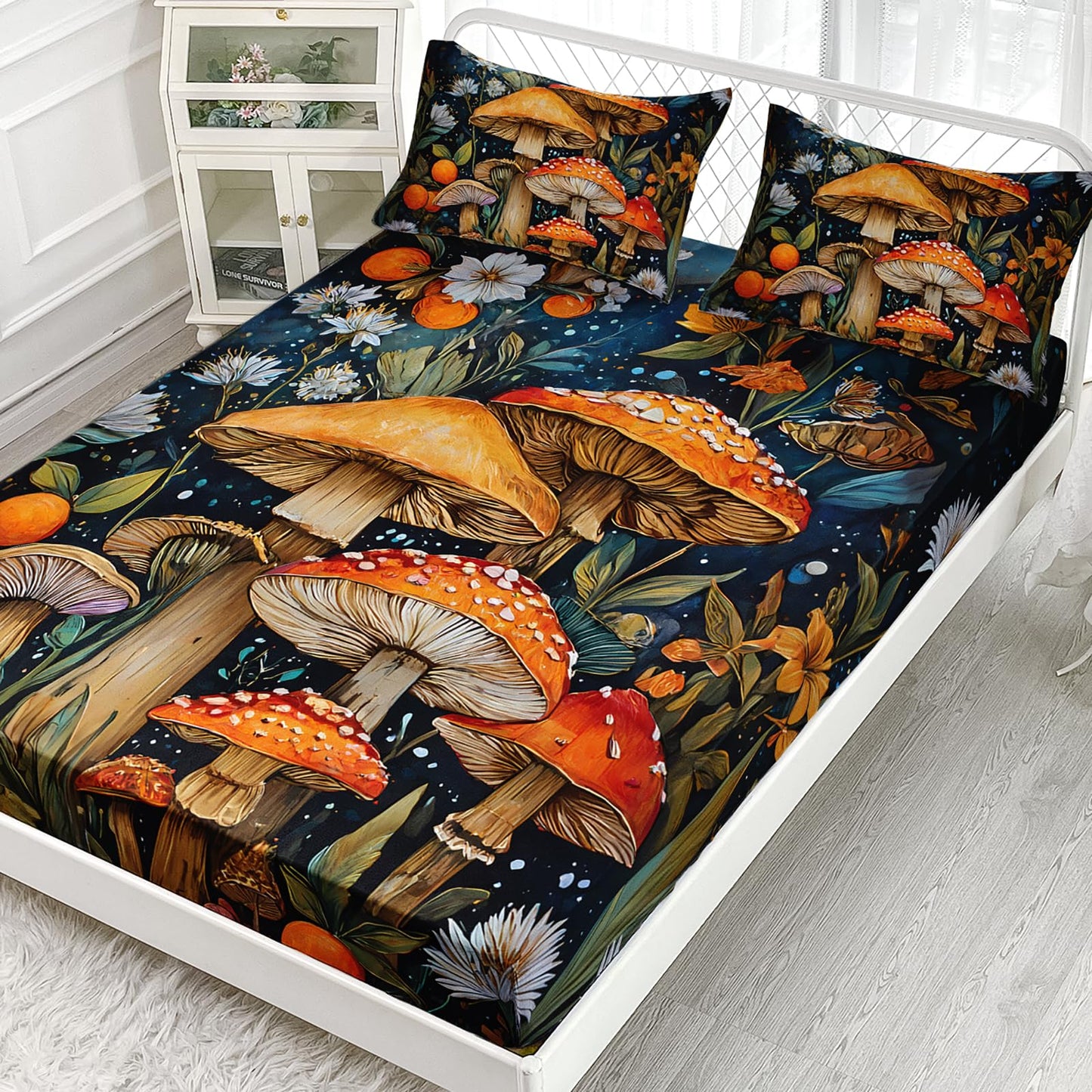 AILONEN Girls Cartoon Mushroom Fitted Sheet Set Twin Size - Nature Wild Fungus Fitted Sheet + 2 Pillowcases - Beautiful Mushroom Botanical Flowers Sheets Set 3-Piece