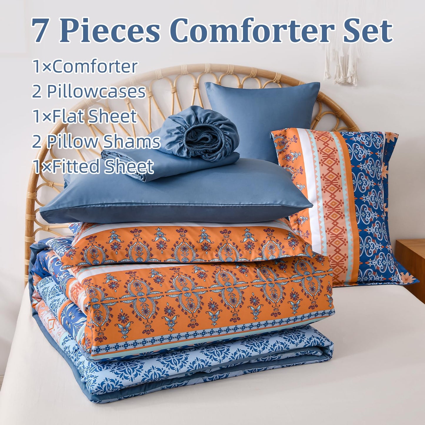 WONGS BEDDING Boho Comforter Set Queen, Blue and Orange Bedding Set 7 Pieces Bed in a Bag Bohemian Striped Bedding Comforter Sets Soft Microfiber Comfortet and Sheet Set for All Season
