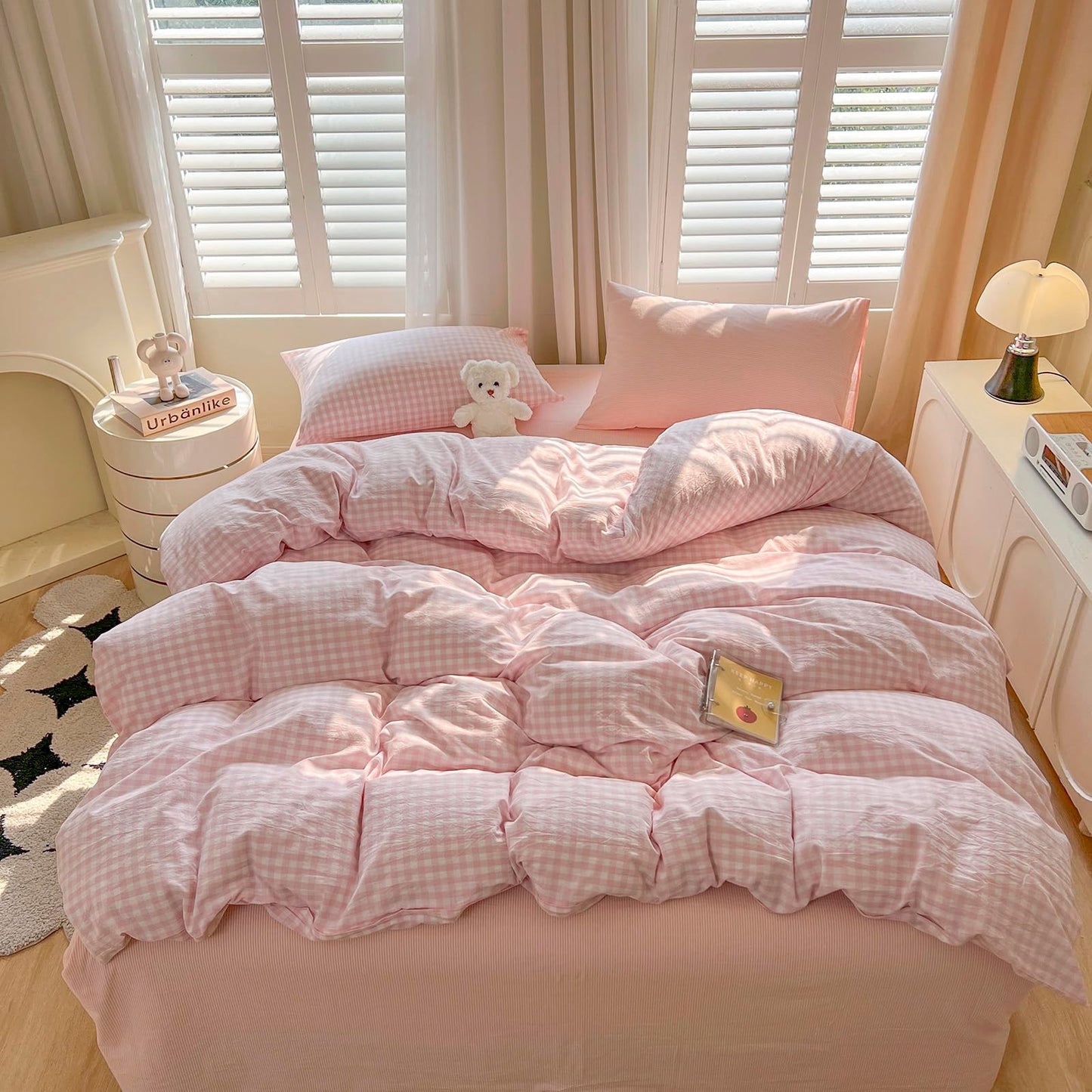 VM VOUGEMARKET Pink Gingham Duvet Cover Set for Girls, Queen Size
