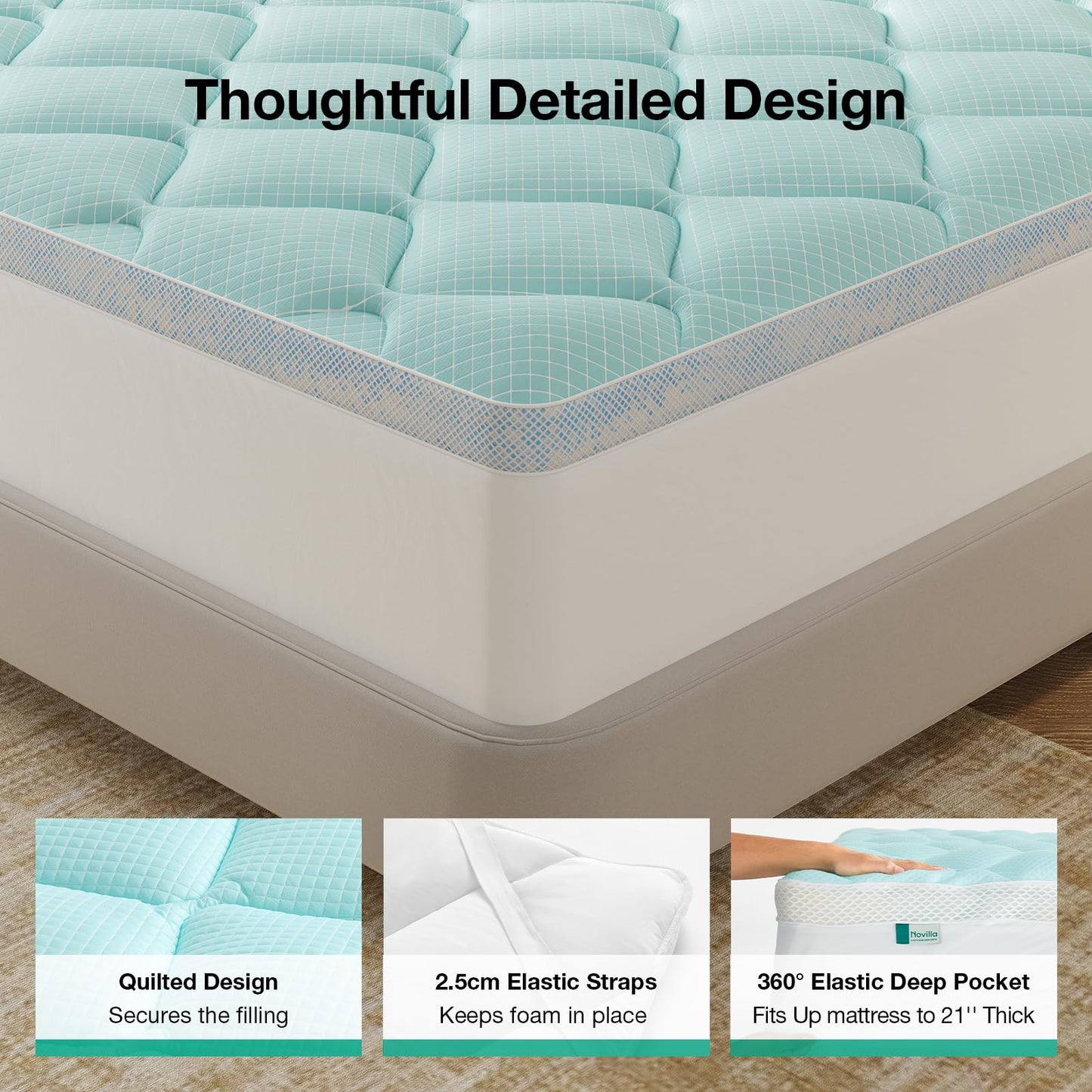 Novilla 3 Inch Dual Layer Memory Foam Mattress Topper, 2 Inch Gel Memory Foam and 1 Inch Cooling Down-Alternative Mattress Pad Cover for Back Pain, Breathable & Certi-Safe, King