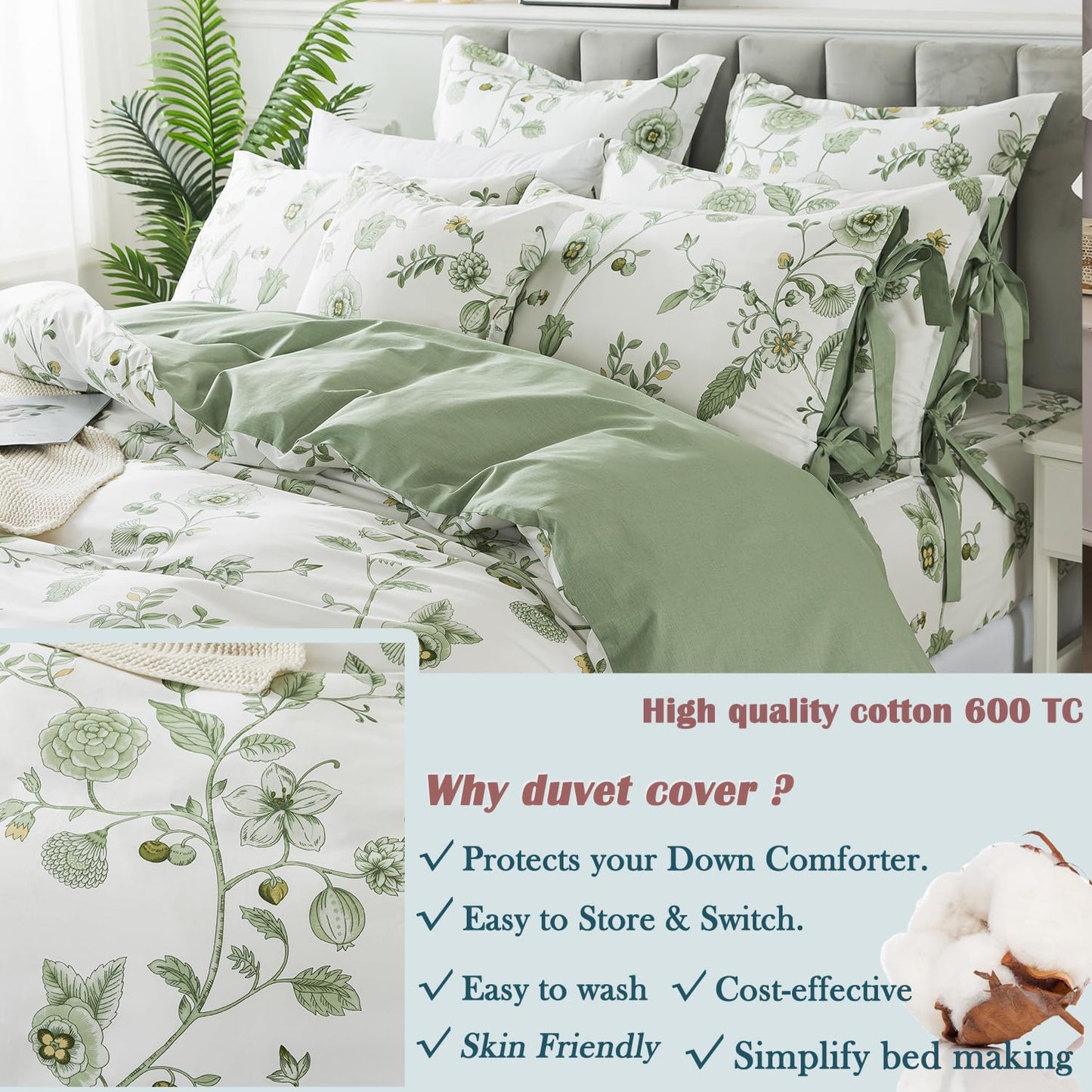 FADFAY Green Duvet Cover Set Full Floral Bedding 100% Cotton Shabby Vintage Reversible Zipper Farmhouse Comforter Cover Flower Print Bed Covers Girls Kids Pretty Bowknot Soft Breathable 3Pcs