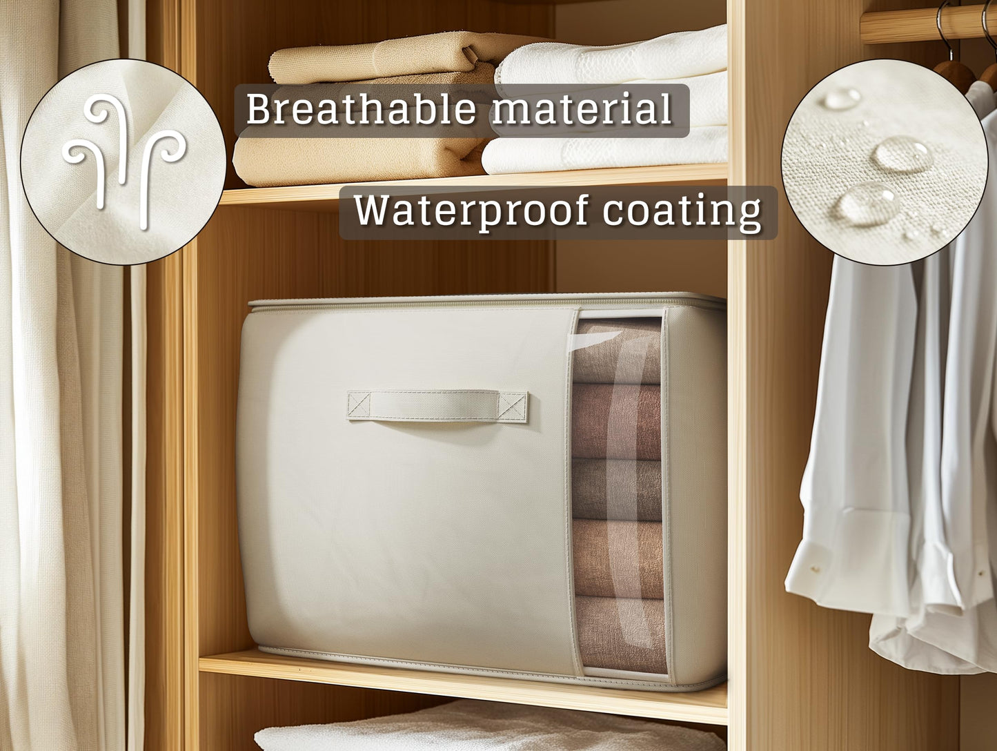 TomVista Large Canvas Clothes Storage Bags with Thick Handles and Clear Window, Foldable Cotton Linen Closet Organizer for Clothing, Blankets and Bedding, 70L, 3 Pack, Beige