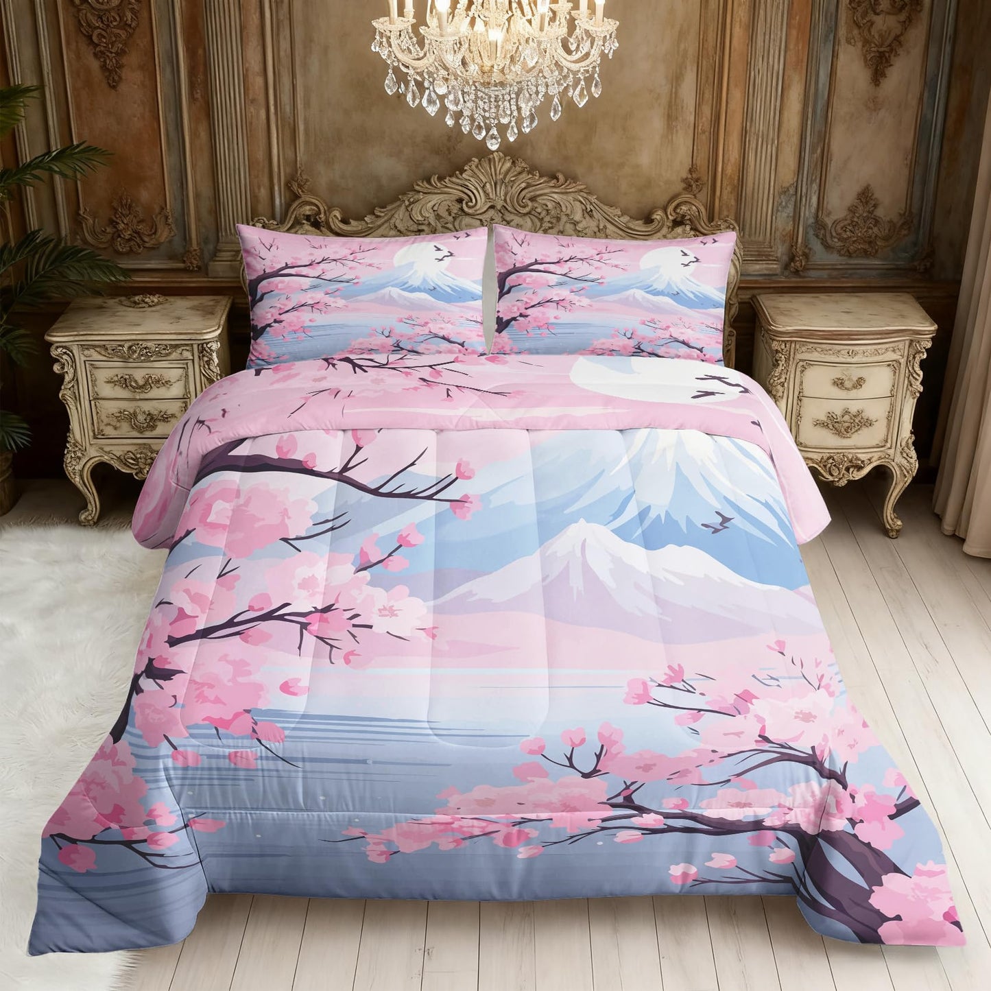 ZDABAOEC Cherry Blossom Twin Comforter Set 2 Piece, 1 Pillow Sham, Oriental Asian Japanese Reversible Down Alternative All Season Bedding, Soft Microfiber, Cherry Blossom Bedroom Decor