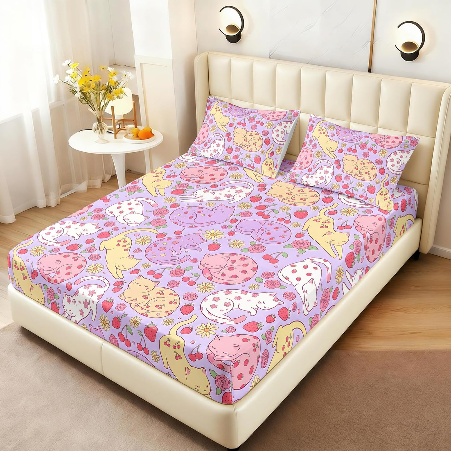 AILONEN Sleeping Cat Twin Fitted Sheet Set, 3 Piece Microfiber Bedding Pack with 2 Pillowcases, 16 Inch Deep Pocket, Purple Floral Room Style