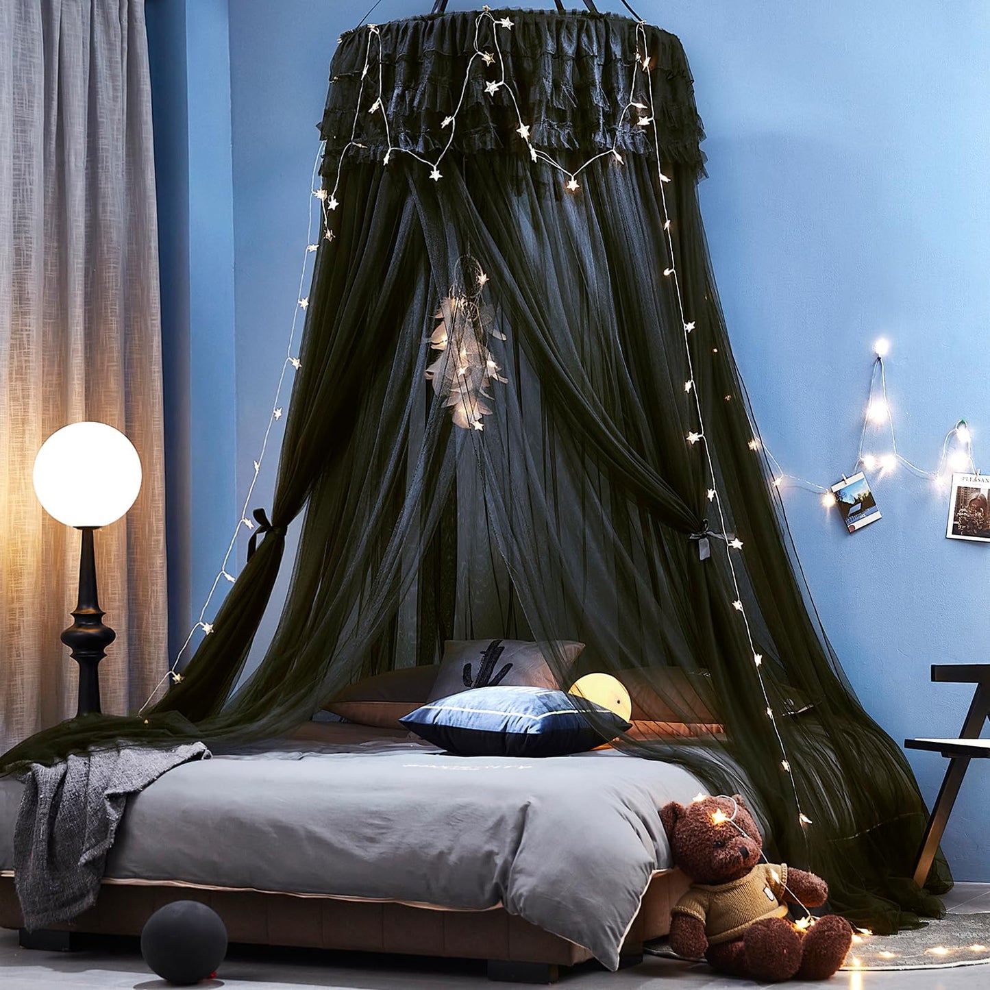 Kertnic Dreamy Bed Canopy for Girls, Princess Canopy Curtains Double Layer Sheer Mesh, Adults Canopies Netting Room Decor Tent Mosquito Net for Queen King Bed (Double Layer-Black)