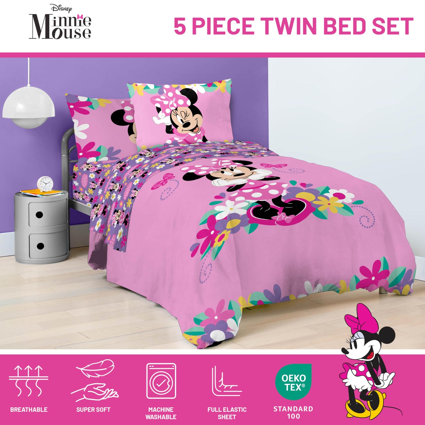 Disney Minnie Mouse 5 Piece Twin Bed in a Bag - Kids Comforter Set with Sheets & Sham, Super Soft Fade Resistant Brushed Microfiber, Machine Washable Girls Bedding, Pink (Official Disney Product)