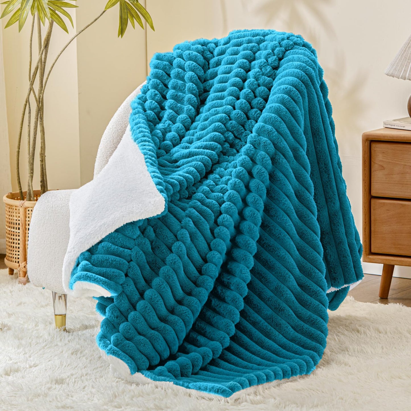 INFIIXSO Sherpa Throw Blanket for Couch - Super Soft & Warm Striped Fleece Blanket, Cozy Plush Fluffy Blanket All Season Use (Teal, 50x60 Inches)