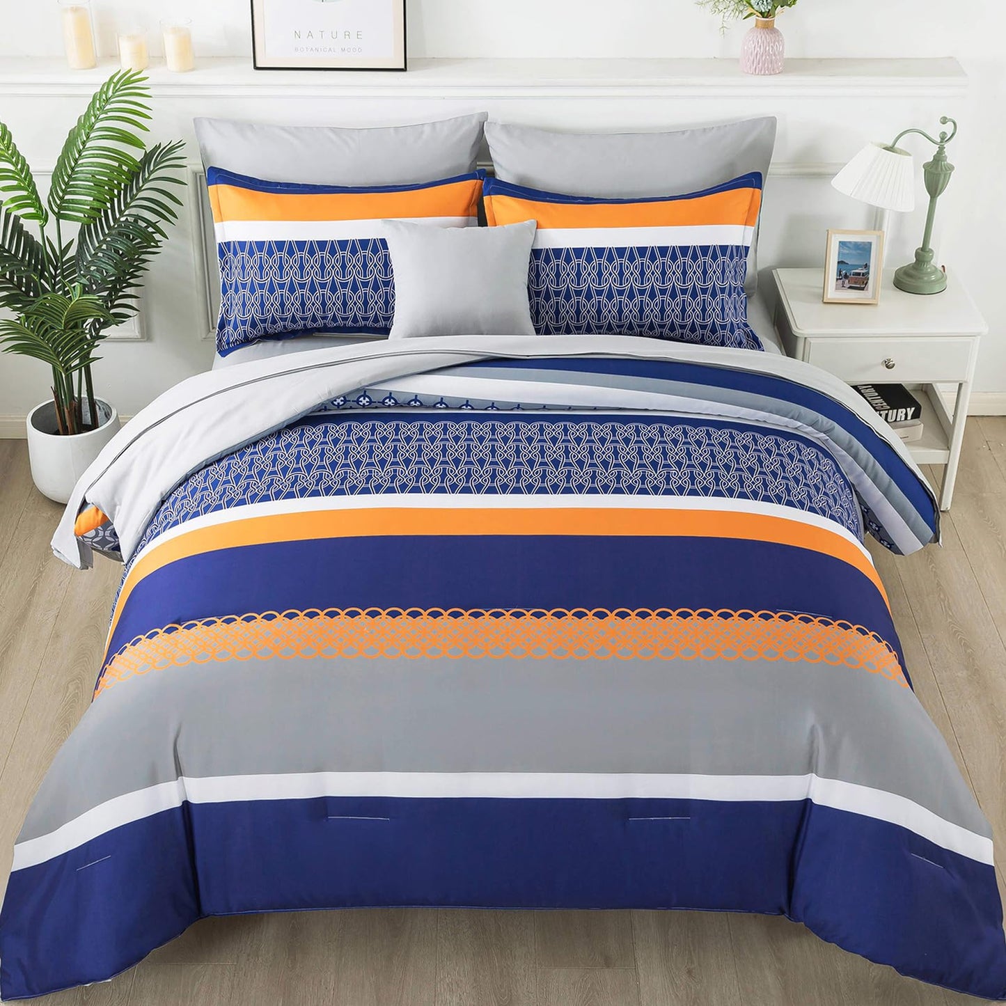 8 Pieces Bed in a Bag Stripe Comforter Set Queen Size,Blue Patchwork Striped Comforter with Sheets Set Soft Microfiber Boho Bedding Sets (Blue,Grey)