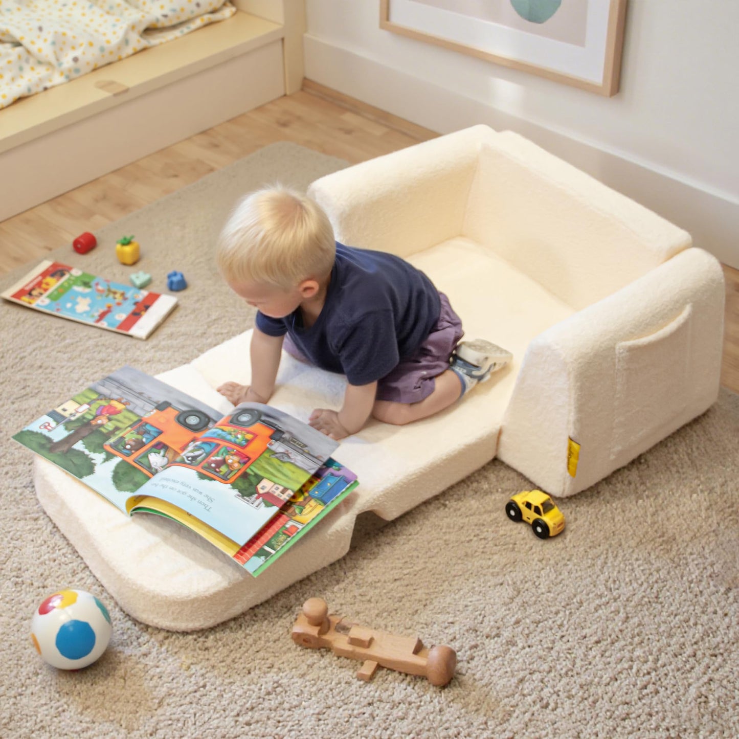 BanaSuper Wide Kids Sofa, Convertible Foam Couch for Children 3-8, Cream