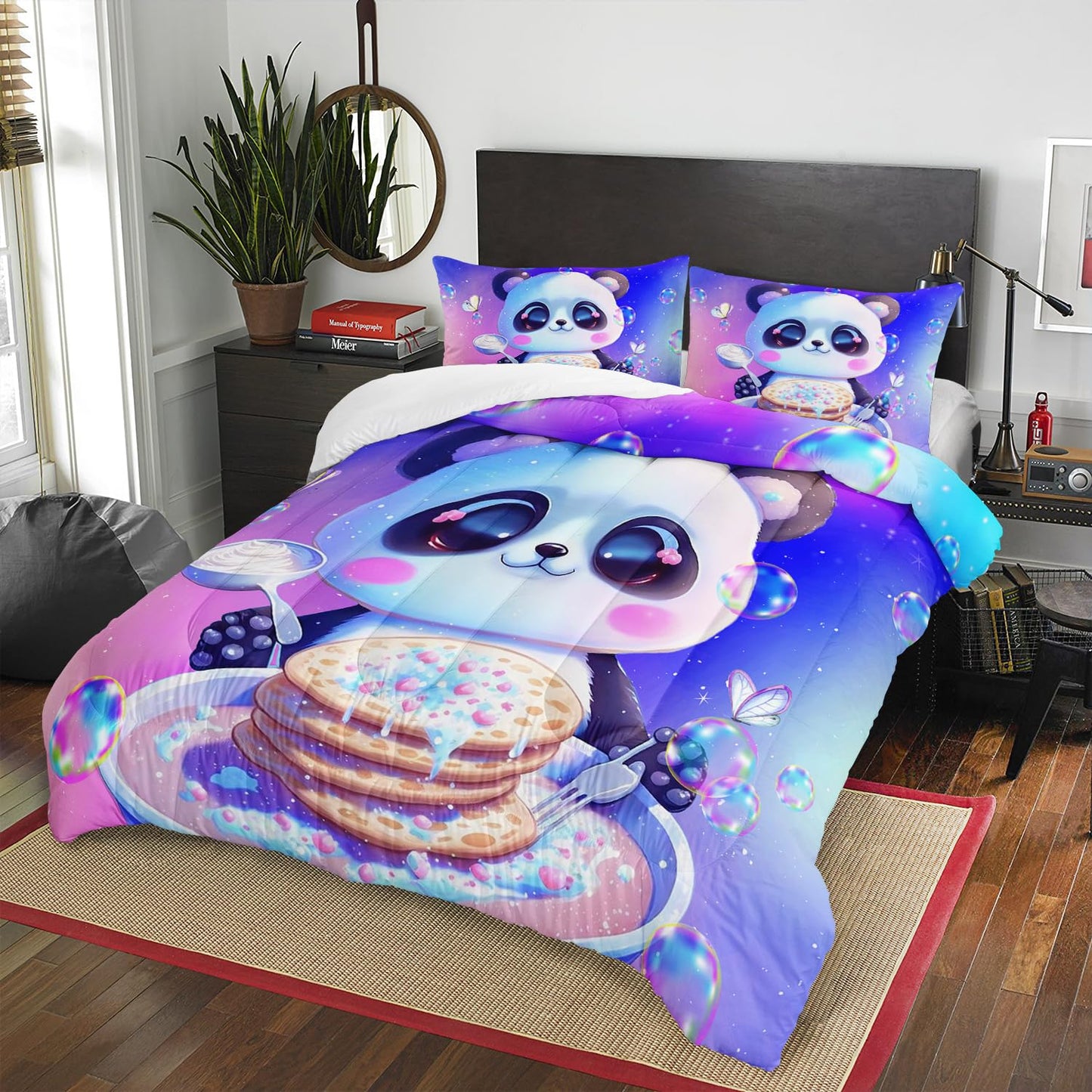 Nttopship Kawaii Panda Comforter Set Queen, Violet and Pink 3 Pieces Bedding Set for Teens Kids,Kawaii Down Alternative Bed Comforters Bedding Sets for All Season