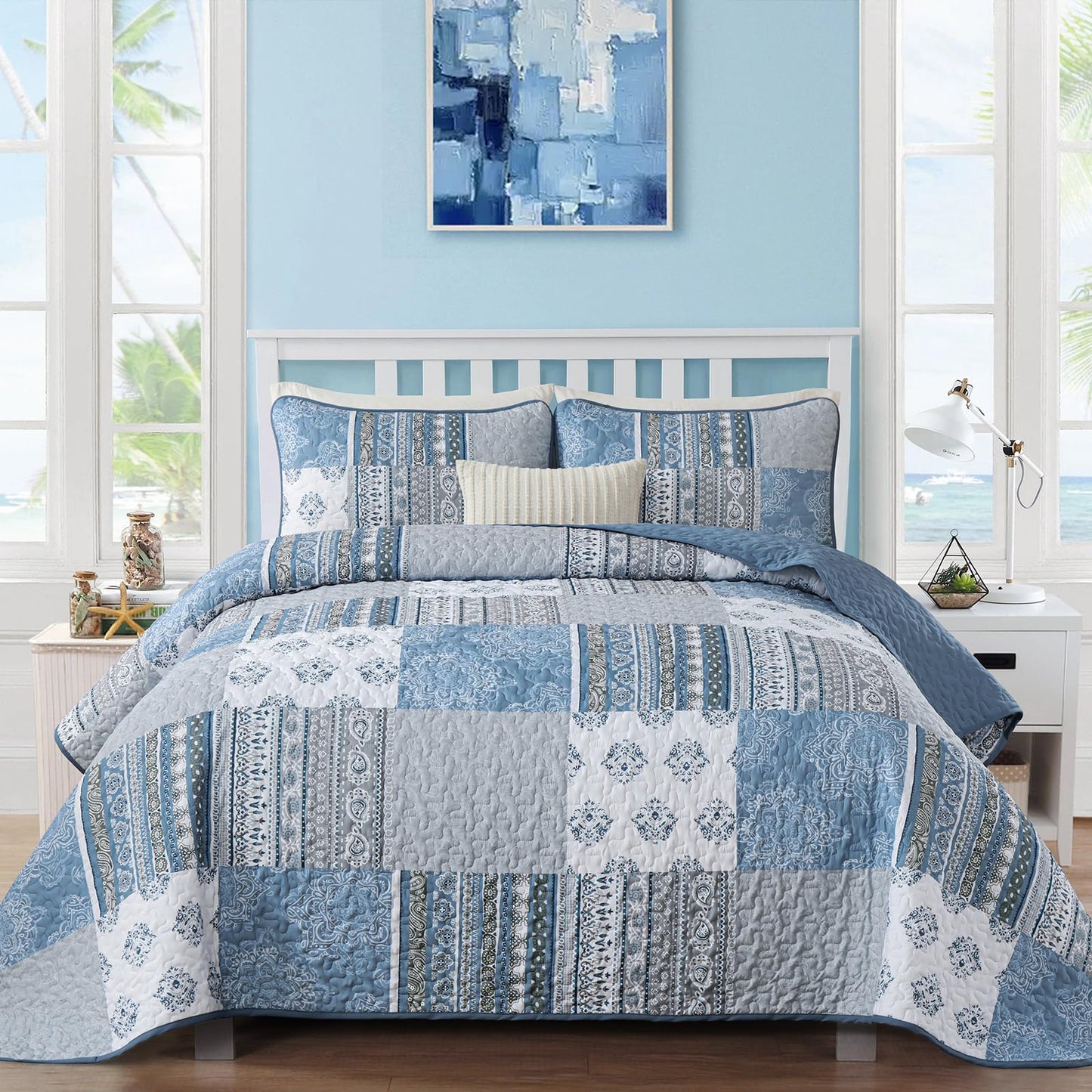 Dintszyayue Boho Quilt Set Queen Size Patchwork Bedspread Coverlets, Blue/Gray Bohemian Plaid Quilt Bedding Set Soft Microfiber Summer Bedding Bedspread Set, 96''x90''