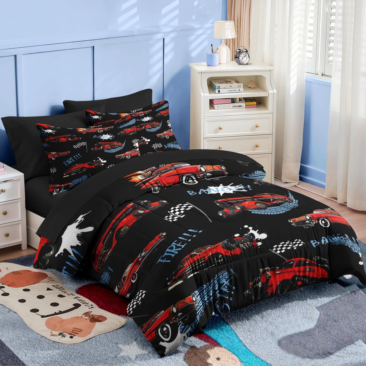 Nesker 5 Pcs Car Comforter Set Twin Size, Rad Race Car Boys Bedding Black Bed in a Bag for Kids and Adults, Retro Cool Truck Bed Sheet Sets with Fitted Sheet Pillowcases & Shams