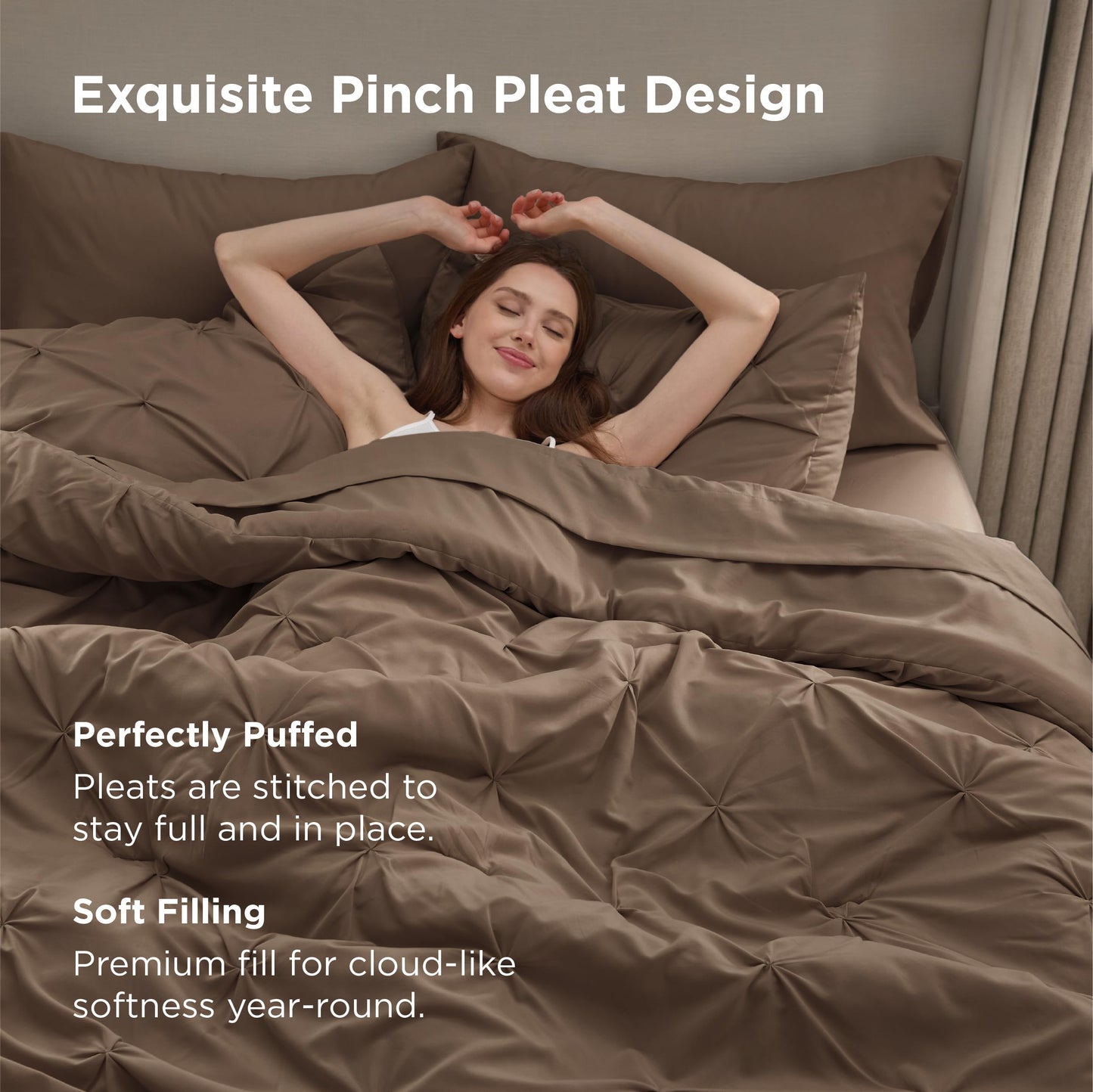 Bedsure Queen Comforter Set Brown - Bed in a Bag Queen Size Bedding 7 Pieces, GentleSoft™ Pintuck Bed Set Gift for Family, All Season Down Alternative Comforter with Sheets, Pillowcases & Shams