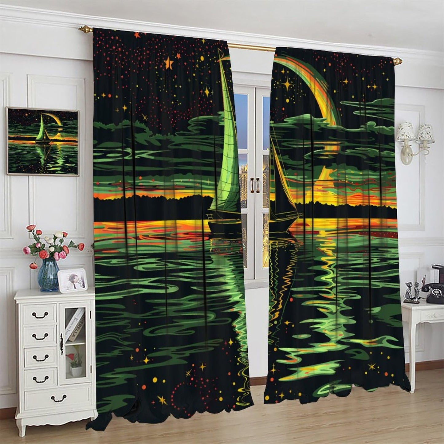 TOWINSFB Coastal Star Moon Sailboat Blackout Curtains for Living Room Bedroom, Night Scenery Nautical Ocean Window Curtains Rod Pocket Thermal Insulated Window Drapes, 2 Panels, Each 21" W x 45" L