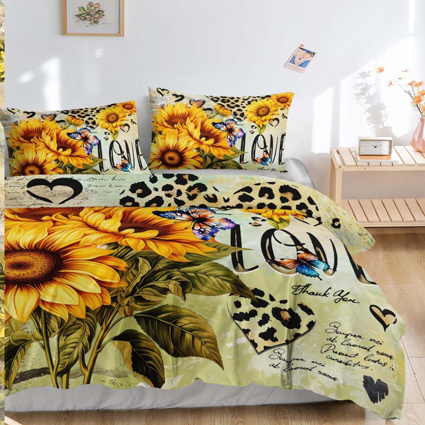 AILONEN Sunflower Duvet Cover Set King Size, Garden Flower Sunflower Quilt Cover Set,Modern Printed Leopard Hearts Comforter Cover and 2 Pillowcases,3 Pieces