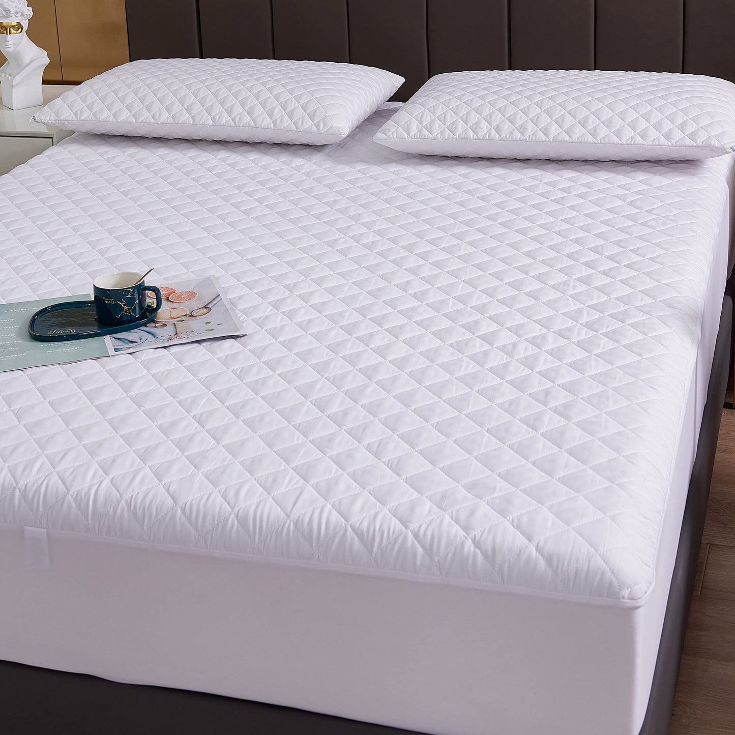 Queen Size Waterproof Mattress Protector, Quilted Cooling Fitted Bed Mattress Cover Pad, 13"-15" Deep Pocket, Soft and Breathable Noiseless Machine Washable, Vinyl Free (Queen)