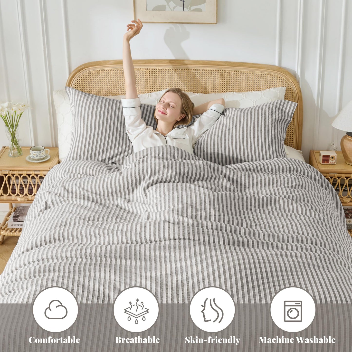 MILDLY Striped Duvet Cover - 100% Washed Cotton Textured Comforter Cover Set 3pcs with Dual Zipper Closure & 8 Corner Ties Soft & Lightweight for All Season 90"x90"