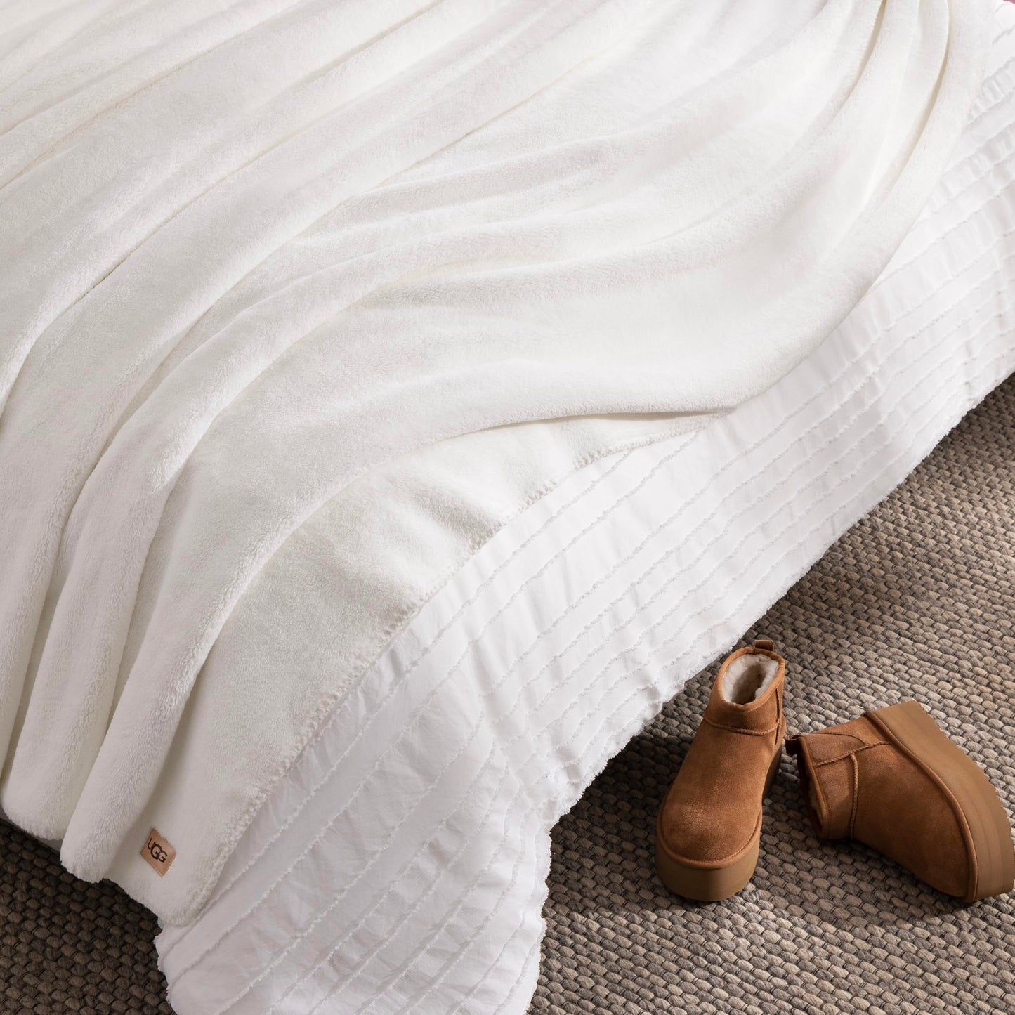 UGG Whitecap Full/Queen Blanket, Fleece Fluffy Blanket for Bed, Luxury Cozy Oversized Throw for Couch, Washable Hypoallergenic Queen Bedding, 90" x 90", White Snow