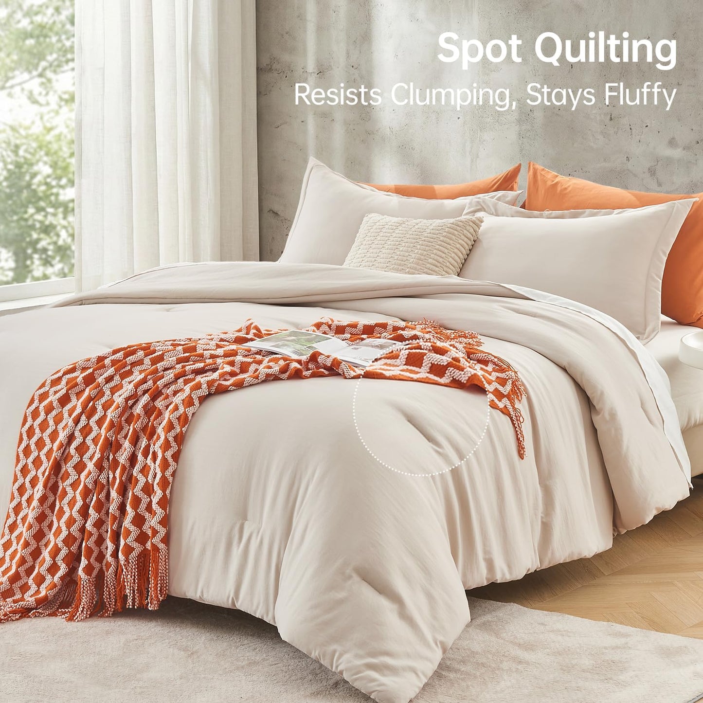 MUXHOMO Queen Size Comforter Set Beige, 3 Piece Solid Bedding for All Seasons, Warm Down Alternative Bed Set Includes 1 Lightweight Comforter (90"x90") and 2 Pillowshams (20"x26")