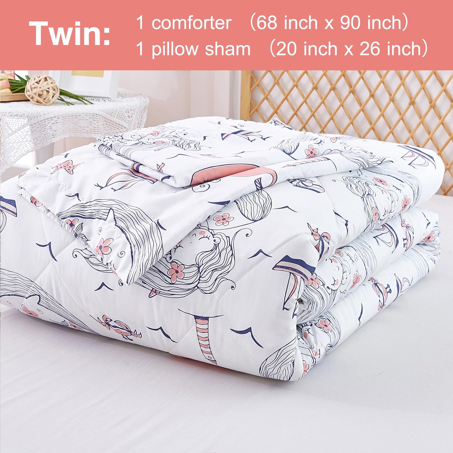 JSD Mermaid Twin Comforter Set for Girls, 2 Piece Ocean Theme Microfiber Comforter with Pillow Sham, Lightweight All Season Washable