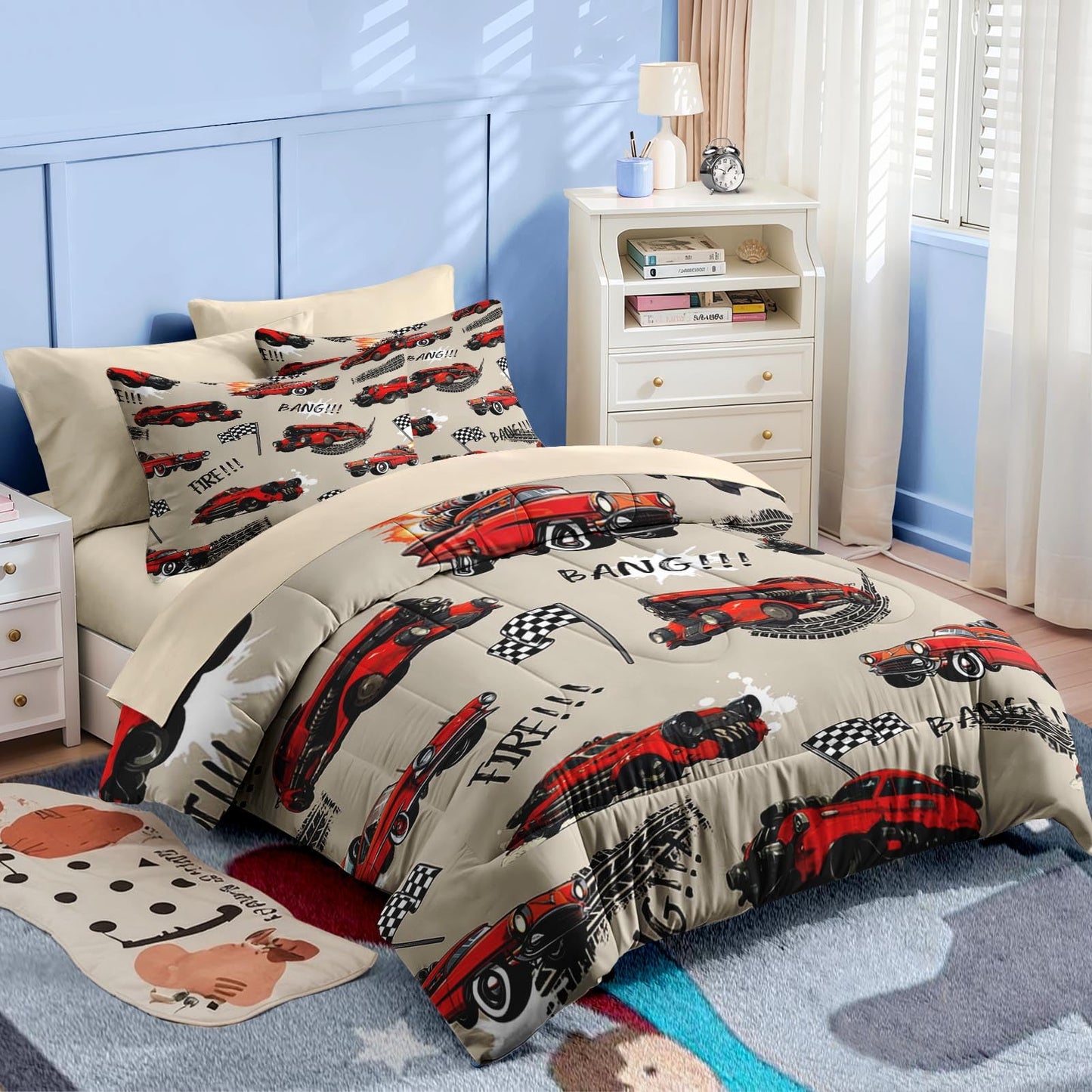 Nesker 5 Pcs Car Comforter Set Twin Size, Rad Race Car Boys Bedding Brown Black Bed in a Bag for Kids and Adults, Retro Cool Truck Bed Sheet Sets with Fitted Sheet Pillowcases & Shams