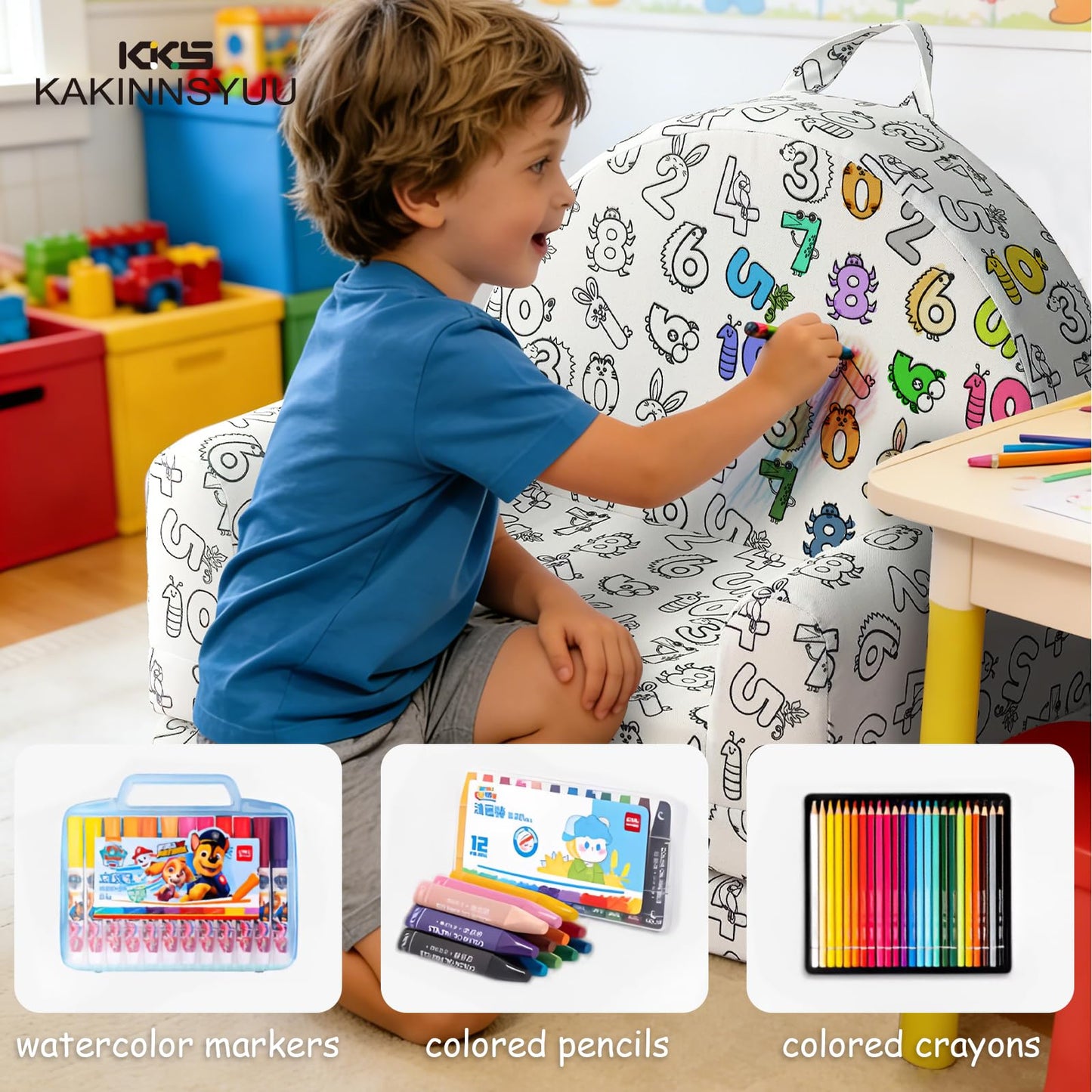KKS KAKINNSYUU Toddler Chair & Couch, Kids Sofa 2-in-1 with Draw-On Fabric, Fold Out Convertible Foam Lounge for Playroom, Gift for Toddlers & Birthday