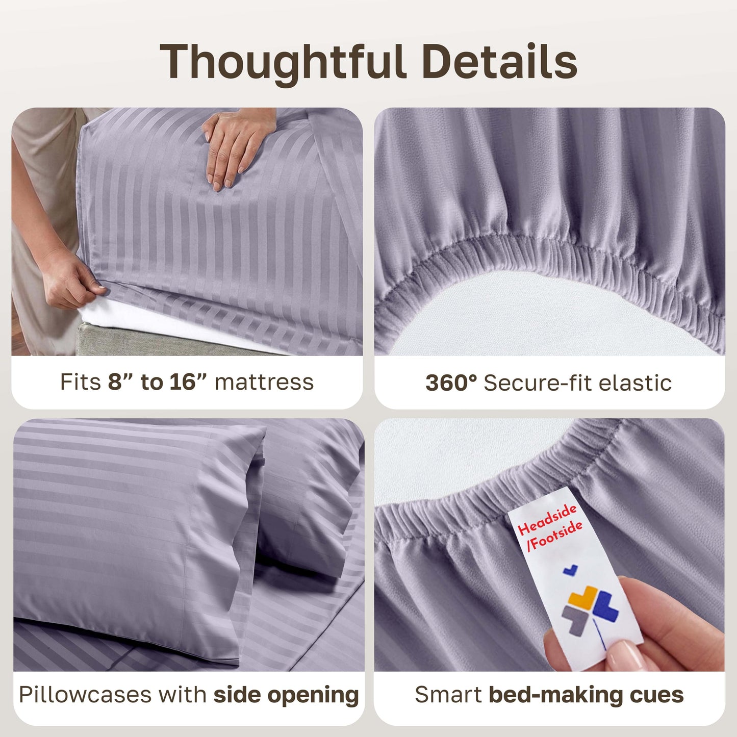 California Design Den - Deep Pocket Queen Sheet Sets, Soft 100% Cotton Sheets with Snug Fit Elastic, 500 Thread Count Sateen, Damask Stripe Bedding for Home (Stripe - Lavender)